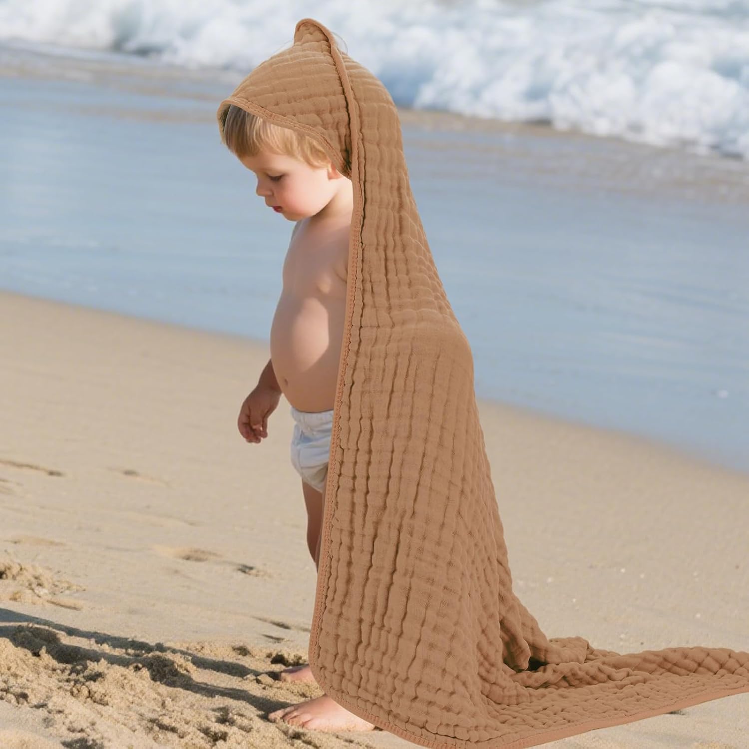 Muslin Hooded Baby Towels 100% Cotton ，Super Soft Muslin Baby Bath Towel - 32 x 32 Inches, Suitable for Newborn and Young Children up to 3 Years Old. (Beige & Coffee) - Image 7
