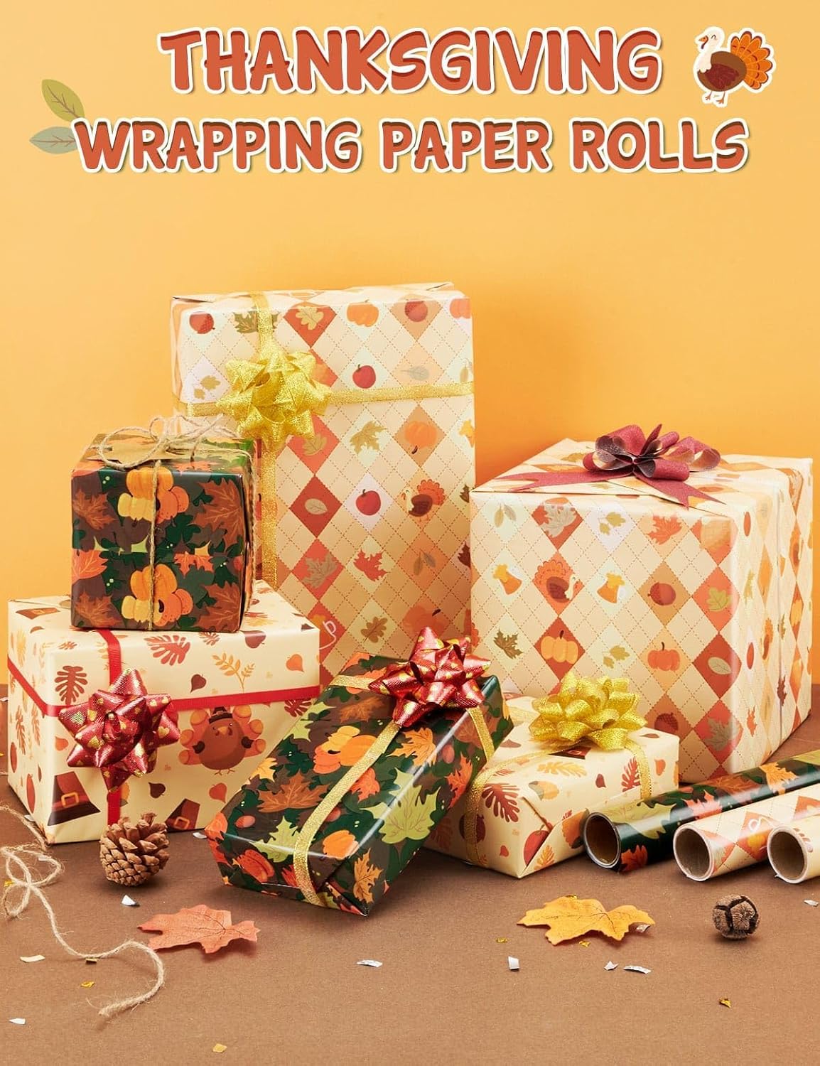 WERNNSAI Fall Thanksgiving Wrapping Paper Rolls - 3 Rolls 17" x 120" Autumn Maple Leaf Wrapping Paper Brown Turkey Thanksgiving Gift Wrap Favor Fall Festival Pumpkin Design Autumn Family Party Supply