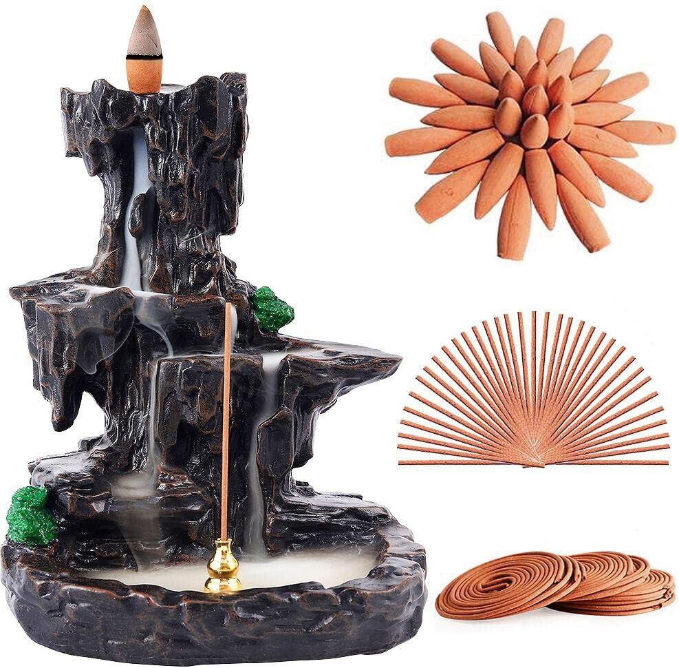TUOFANG Incense Burner, Incense Holder Backflow Waterfall Mountain Tower Aromatherapy Ornament Housewarming Gifts for Home Office with 150 Backflow Incense Cones, 30 Incense Sticks, 50 Incense Coils