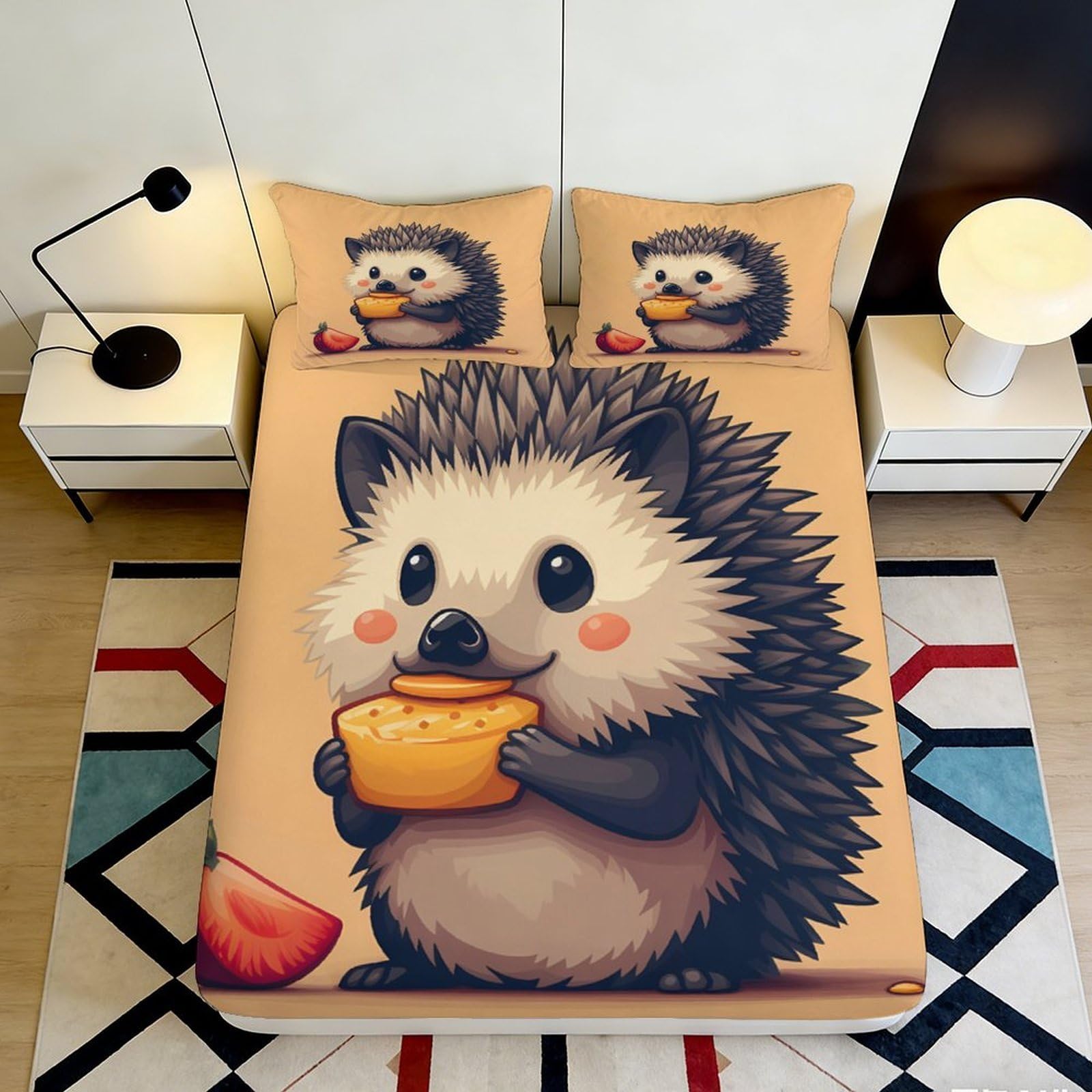 3D Printed Cute Hedgehog Fitted Sheet Microfiber Soft Breathable Cartoon Animal Mattress Cover for Bedroom Dormitory Guest Room Bed Protection 200x200x25cm