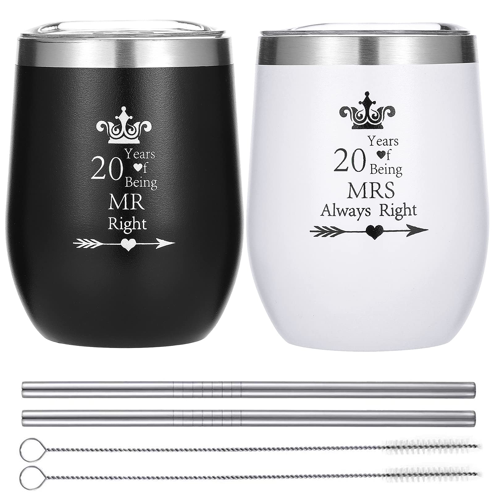 HLIKEM Pack Of 2 Wine Tumbler 20 Years Mr Right Mrs Always Right 20th Wedding Engagement Anniversary Cups for Couple Parents Stainless Steel Insulated Wine Glass with Straws and Brush