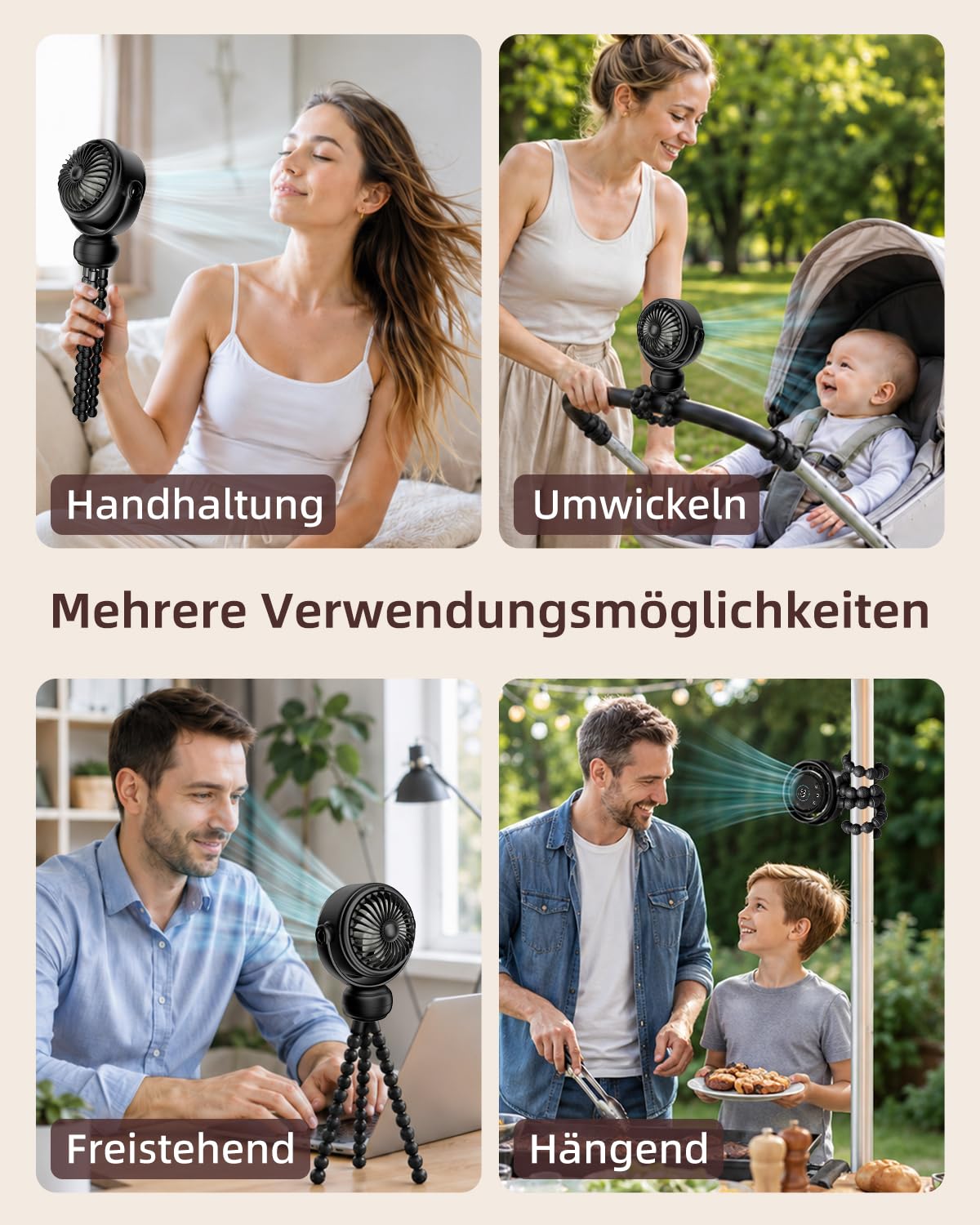 Spopal Ventilator Kinderwagen Tragbar, 100 Geschwindigkeiten, LED-Anzeige, Leise, 3 Nachtlicht, 4000mAh, Akku Ventilator