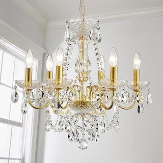 AGV LIGHTING Crystal Chandeliers Light Fixture, Mid-Century Style, Perfect for Living Space, 6-Light Sockets, D21 x H20, Adjustable Chains 59", Shinny Gold Frame