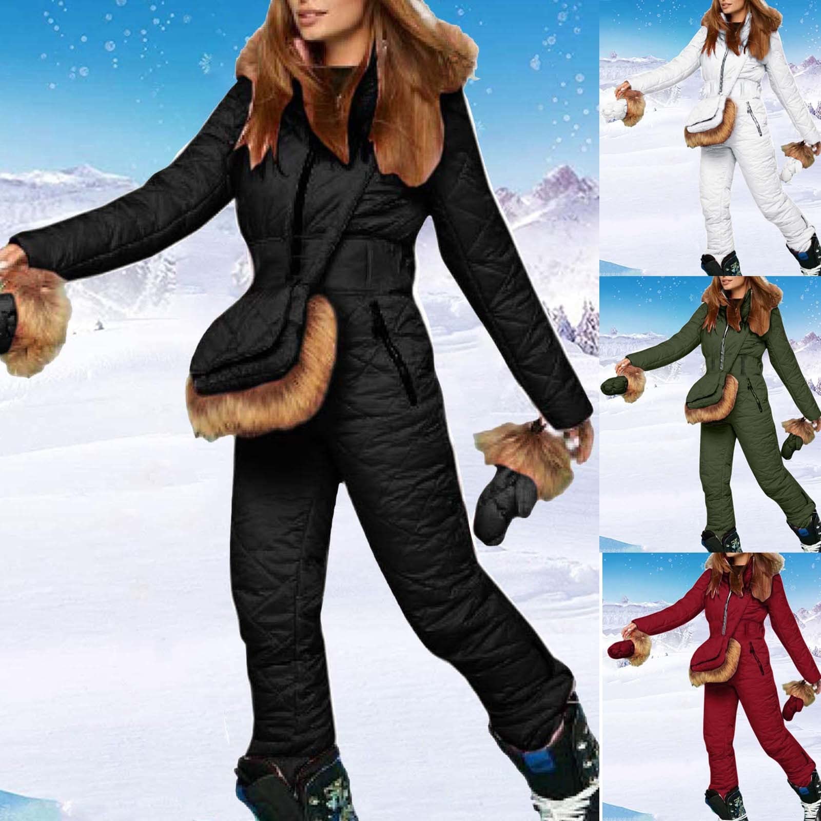 Mono de nieve para mujer - Traje de esquí para mujer, 3 piezas, mono de esquí de una pieza, conjunto de esquí con guantes de esquí, bolsa para cinturón, invierno cálido
