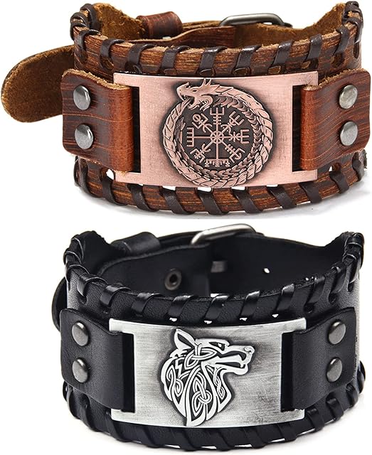 Sehaby 2 Pieces Viking Bracelets, Brown Compass Rune Bracelet, Black Wolf Head Bracelet, Handmade Braided Leather, Nordic Celtic Knot Bracelet, Vintage Bracelet for Women Men (SY061-HlongYlang-PSL)