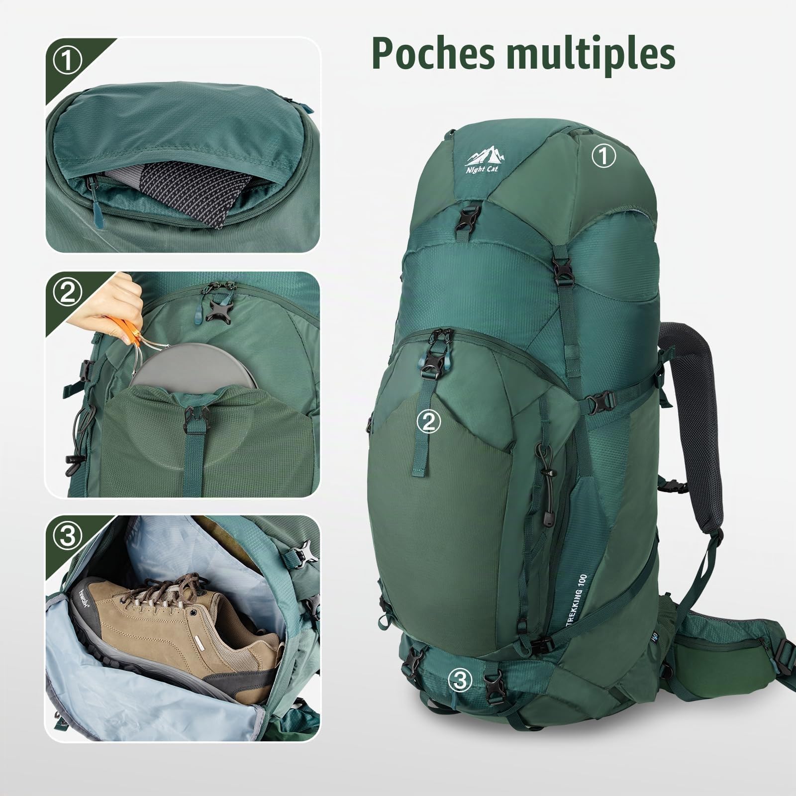 Night Cat 100L Sac à dos de Randonnée avec Housse de Pluie pour Homme Femme Camping Pédestre Voyage et Alpinisme