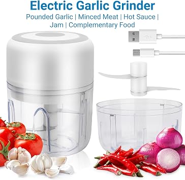 Electric Mini Food Processor, USB Charge Garlic Masher for Chopping Onions Peppers Carrots Fruits, 100/300ml Two Cups Masher Electric Crusher for Kitchen White