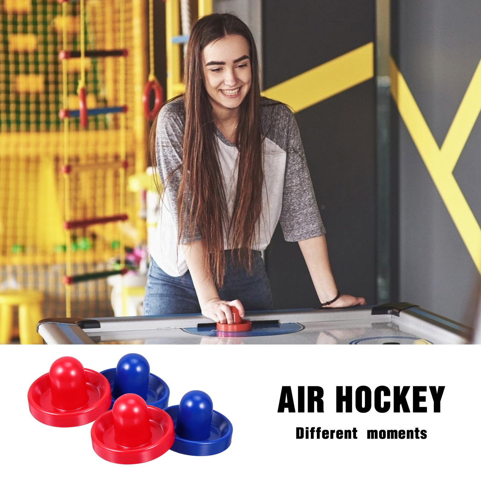 Happyyami Set Accessori Ricambio Air Hockey 4 Spingitori Plastica Resistente 96mm Blu e Rosso, 8 Tamponi Anti-pelucchi Spessi per Tavoli Standard, Kit Parti Hockey per Gioco da Sala e Sala