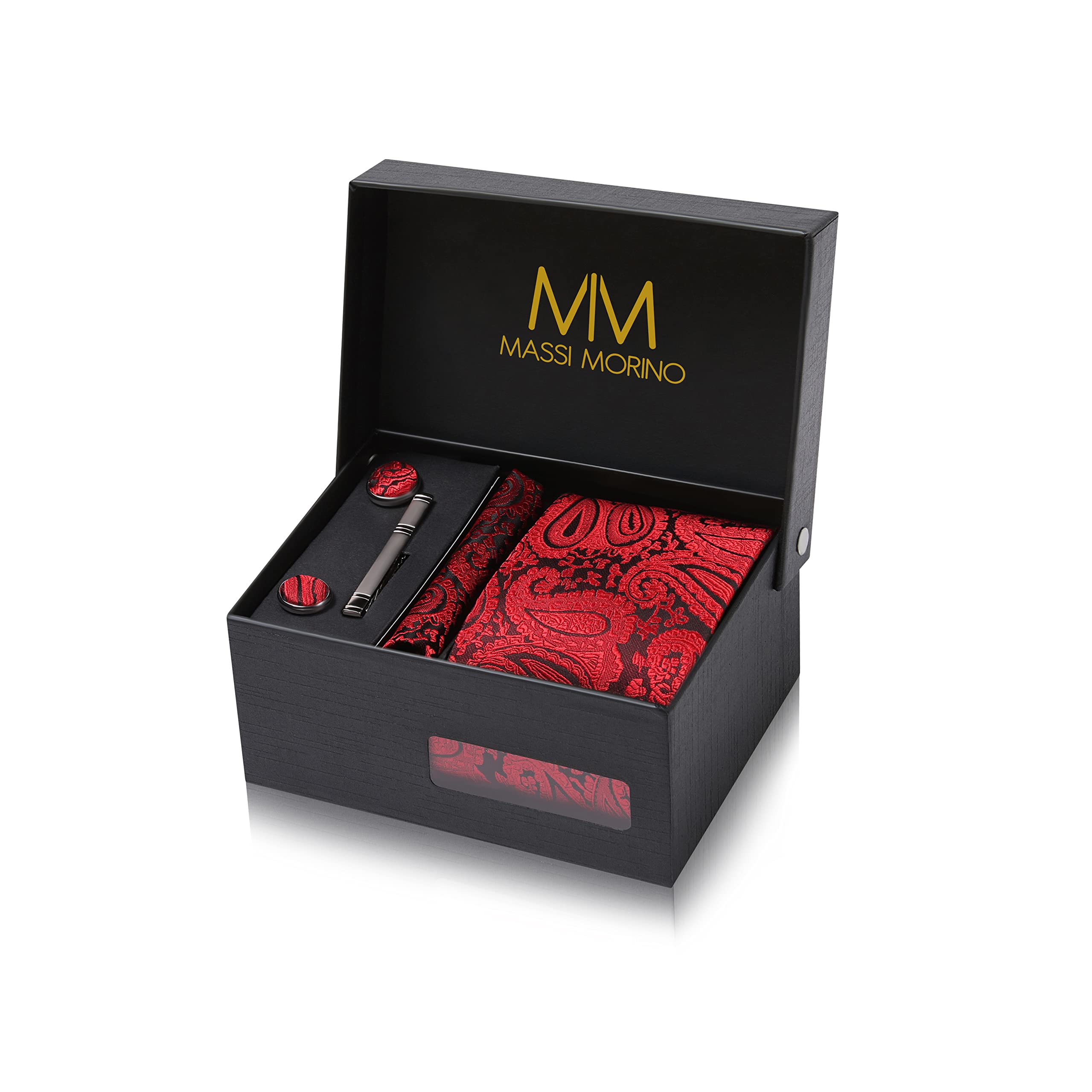 Stropdas set Wit Vierkant Patroon met manchetknopen, pochet en dasspeld – luxe stropdassen set voor heren in Geschenkdoos - Mens tie set White Vierkant Patroon