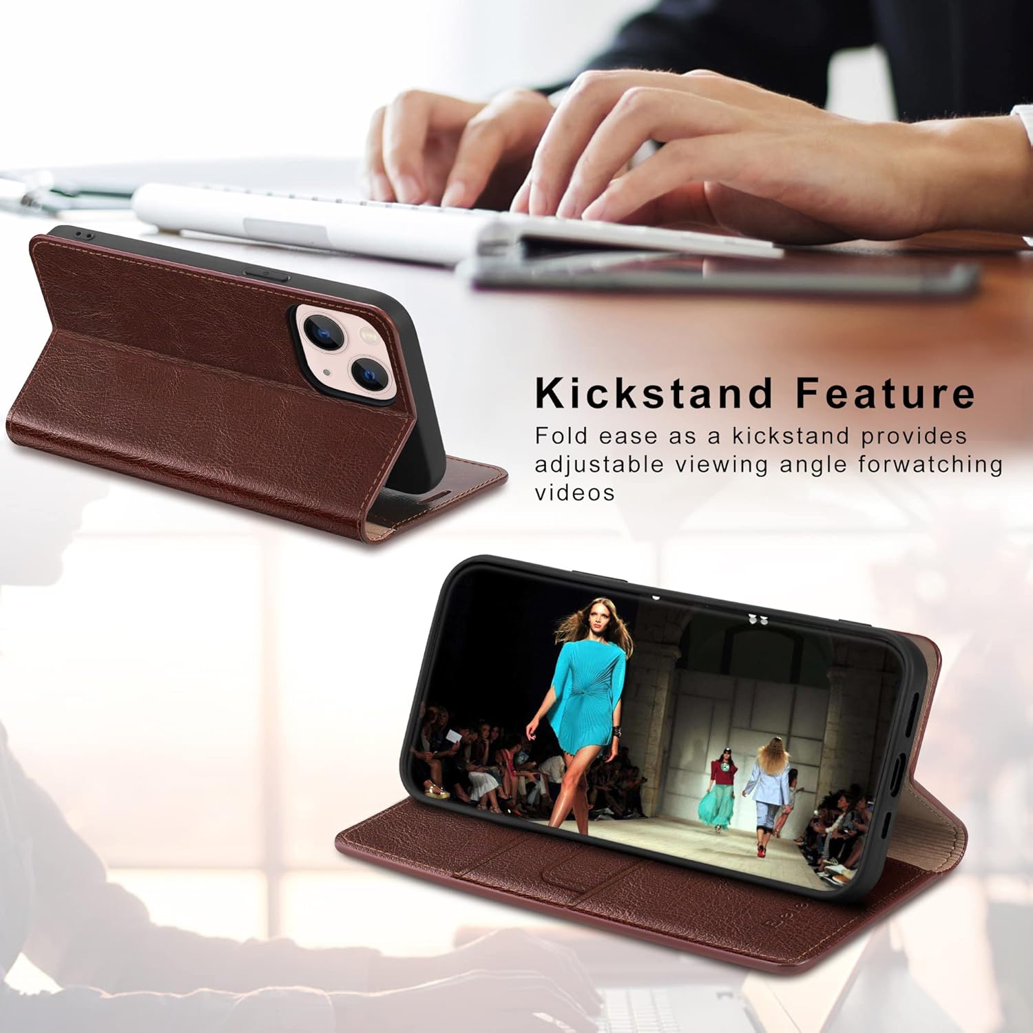 Belemay Case Compatible with iPhone 15 Wallet Case-Genuine Leather-RFID Blocking Card Holders-Shockproof TPU Shell-Kickstand-Durable Flip Cover-Book Folding Phone Case Women Men (6.1-inch) Brown - Image 5