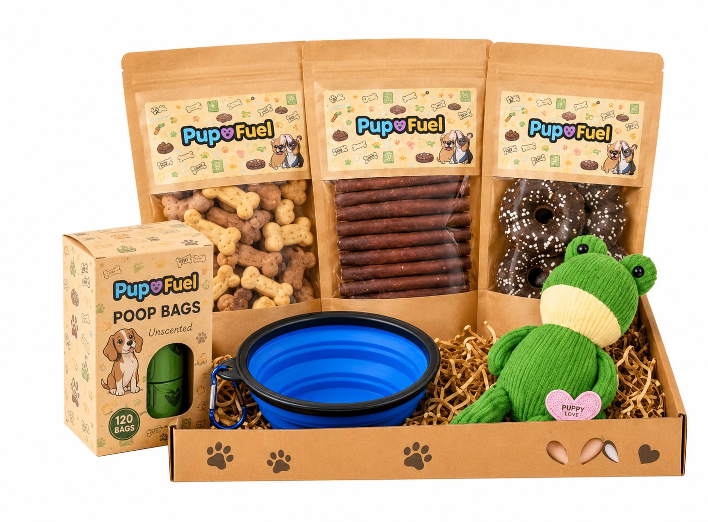 Pup Fuel Dog Treat Box Gift Set with Natural Dog Chews, Duck & Orange Treats, Yak Steak Cookies, Goat Softy Sticks, Toy, Foldable Bowl and Poop Bags for Small to Large Dogs