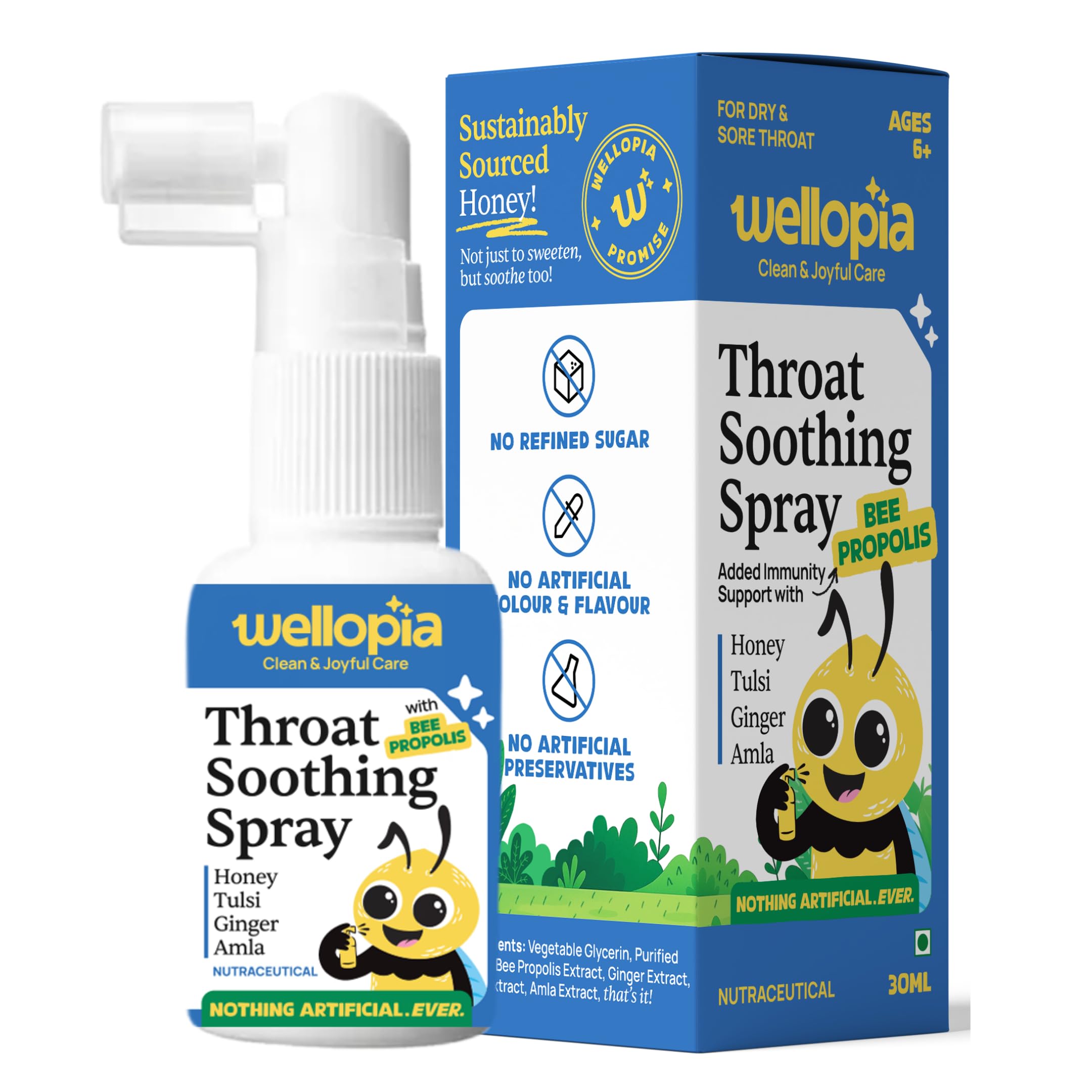 wellopia Kid's Propolis Throat Spray | Throat & Immune Support with Bee Propolis, Tulsi, Amla, Honey, Ginger | Ages 6+ | 30ml | Sugar-Free | Natural Wellness Spray