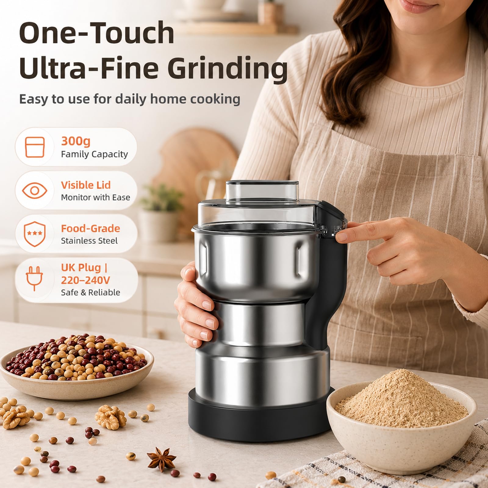 Macinino elettrico per caffè e spezie, 300 g, in acciaio inox, a 6 lame, funzionamento One Touch, ciotola per spezie, fagioli, erbe, riso, noci e ingredienti secchi