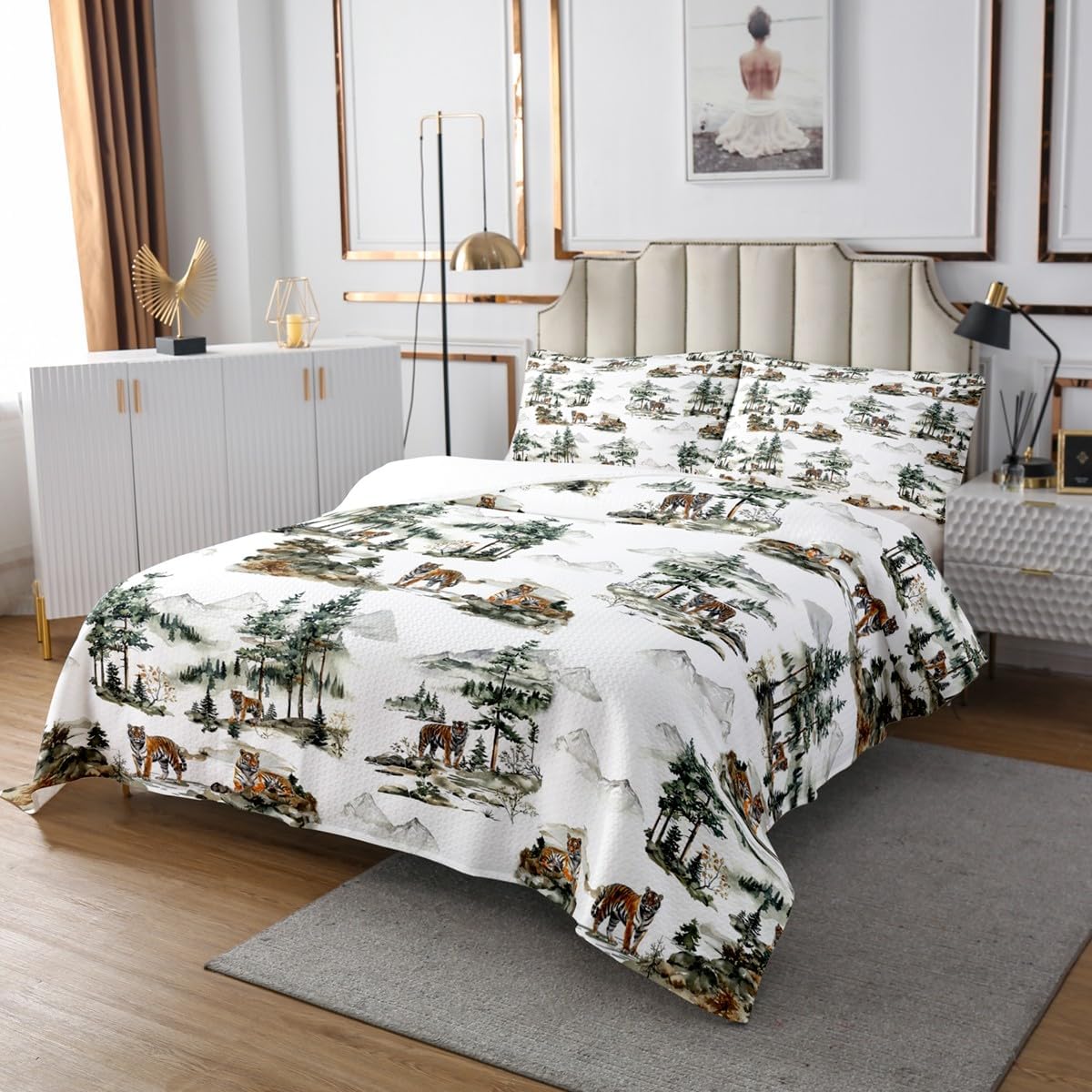 Erosebridal Cute Rabbit Bedspread Set King for Girls Women Kawaii Bunny Quilt Set Oriental Watercolor Painting Bedspread Sets Rustic Nature Woodland Coverlet Set