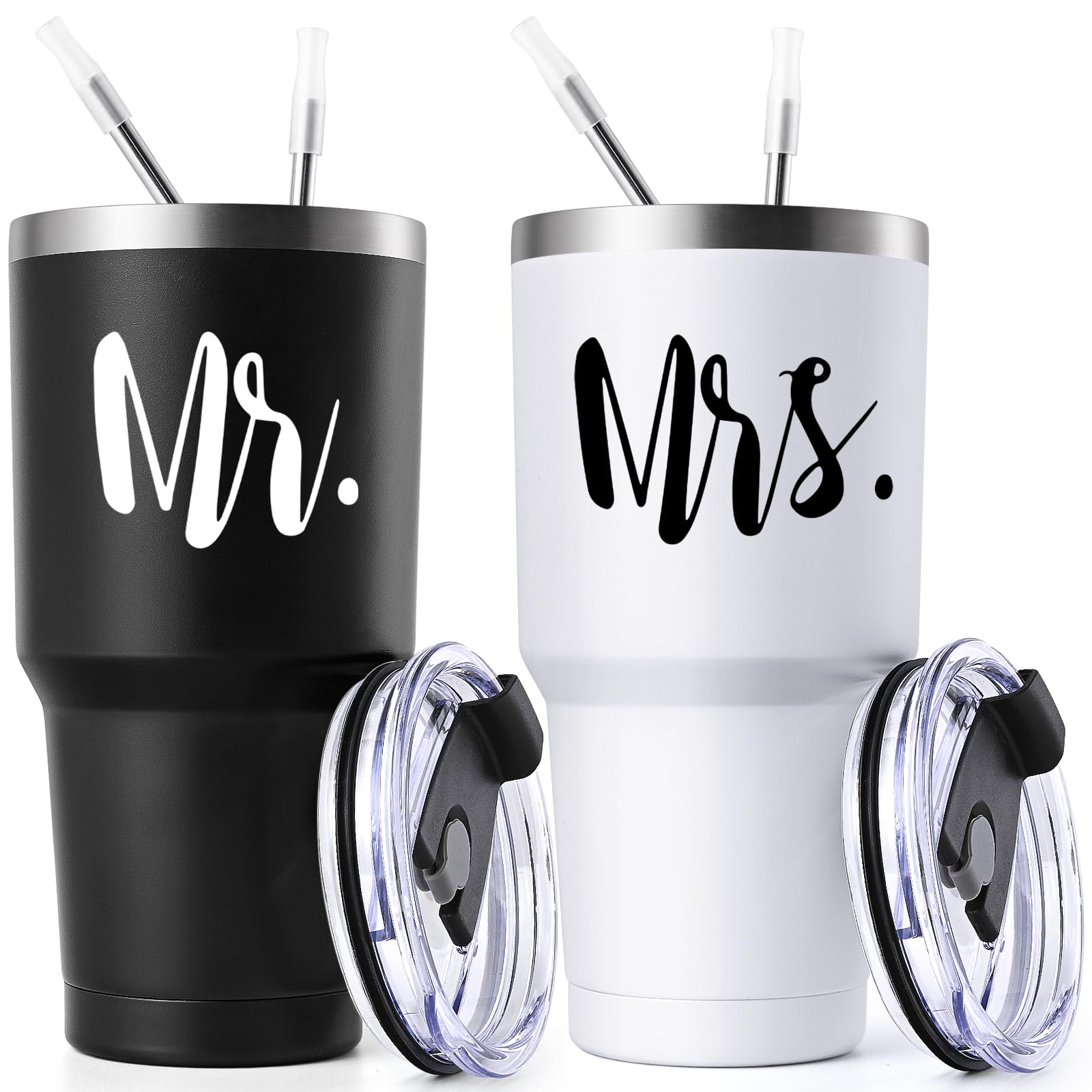 Lifecapido Mr & Mrs Stainless Steel Travel Tumblers Set, Wedding Gifts for Couples - His & Her Gifts, 30oz, Black & White