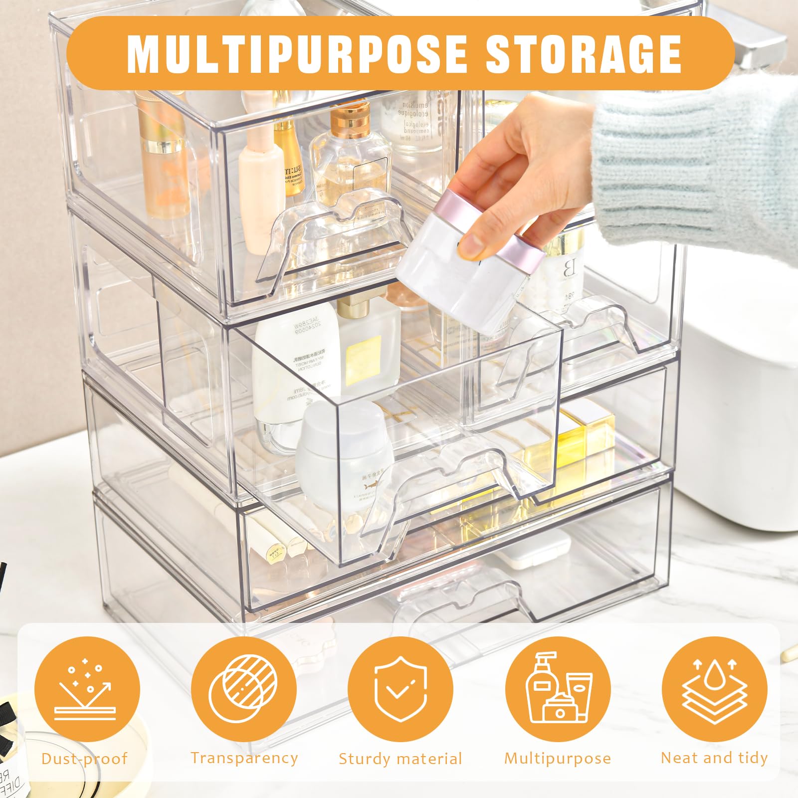 Stebopum Cajón apilable organizador cosmético con 4 cajones | Organizador de tocador transparente acrílico para cajón,Organizador de maquillaje,Almacenamiento y organización de baño