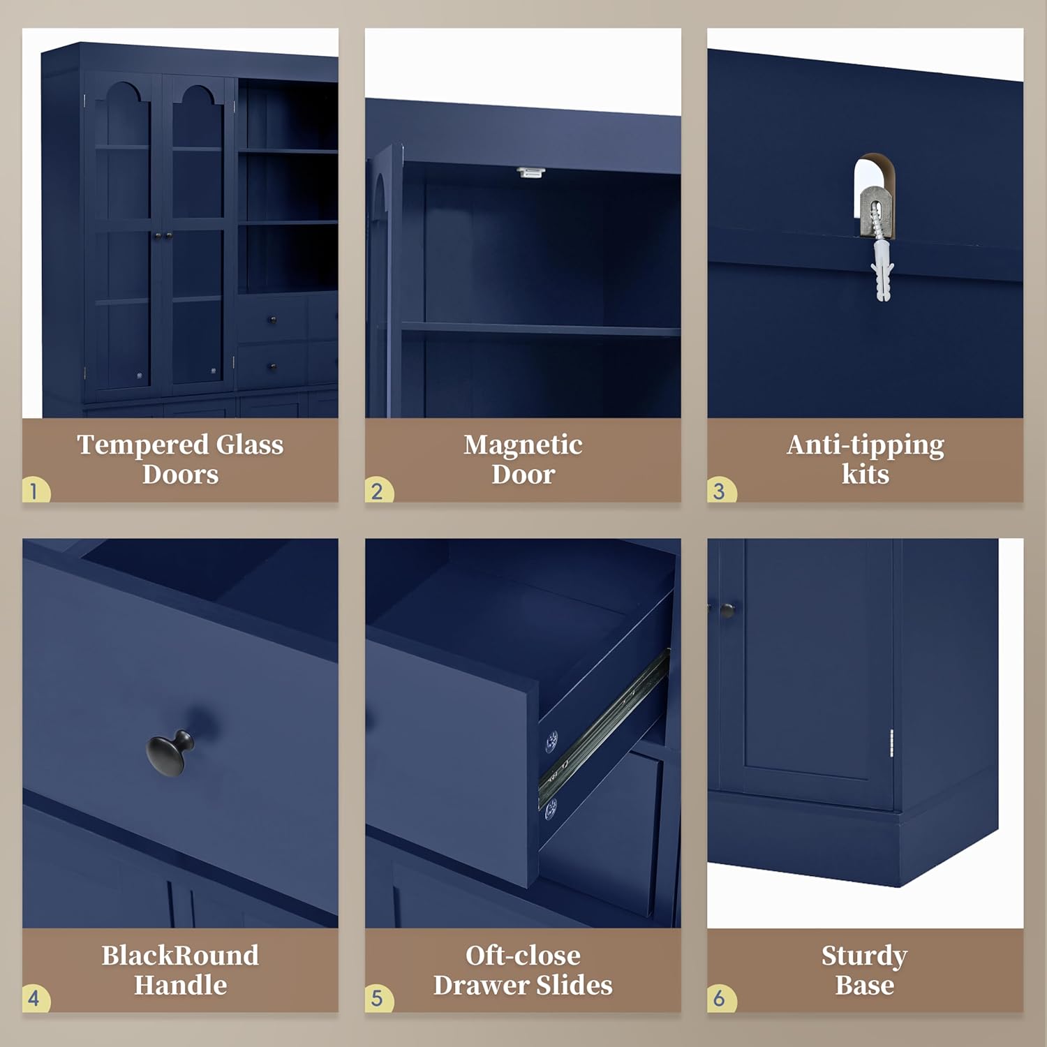 Detailed features of the Polibi Buffet including tempered glass doors, magnetic door catches, anti-tipping kits, black round handles, soft-close drawer slides, and a sturdy base.