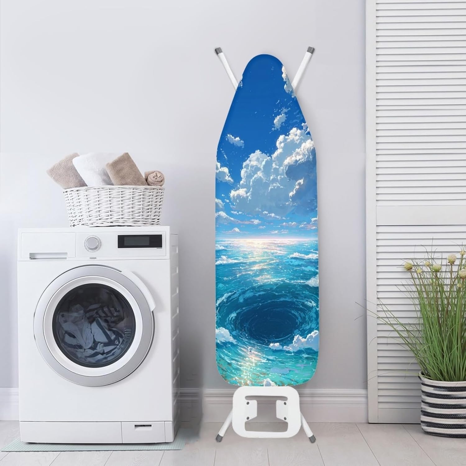 Ironing Board Cover 14x48 Seascape Blue White Iron Board Cover with Padding Heat Reflective,Scorch Resistant Thick Padding,Snug Fit Non-Slip Nose Pocket Fastener Straps Elastic Edges