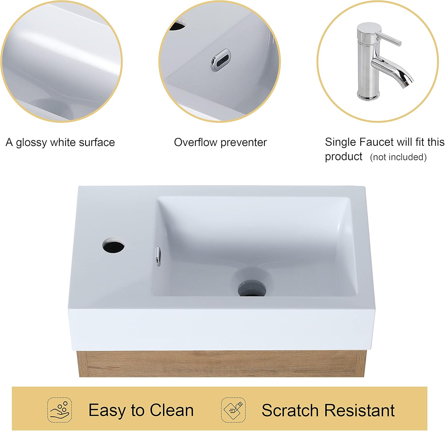 Malwee 18" Floating Bathroom Vanity with Sink, 18 Inch Single Sink Wall Mounted Bathroom Vanity, with 1 Door and White Resin Basin Top for Small Spaces(005-18)