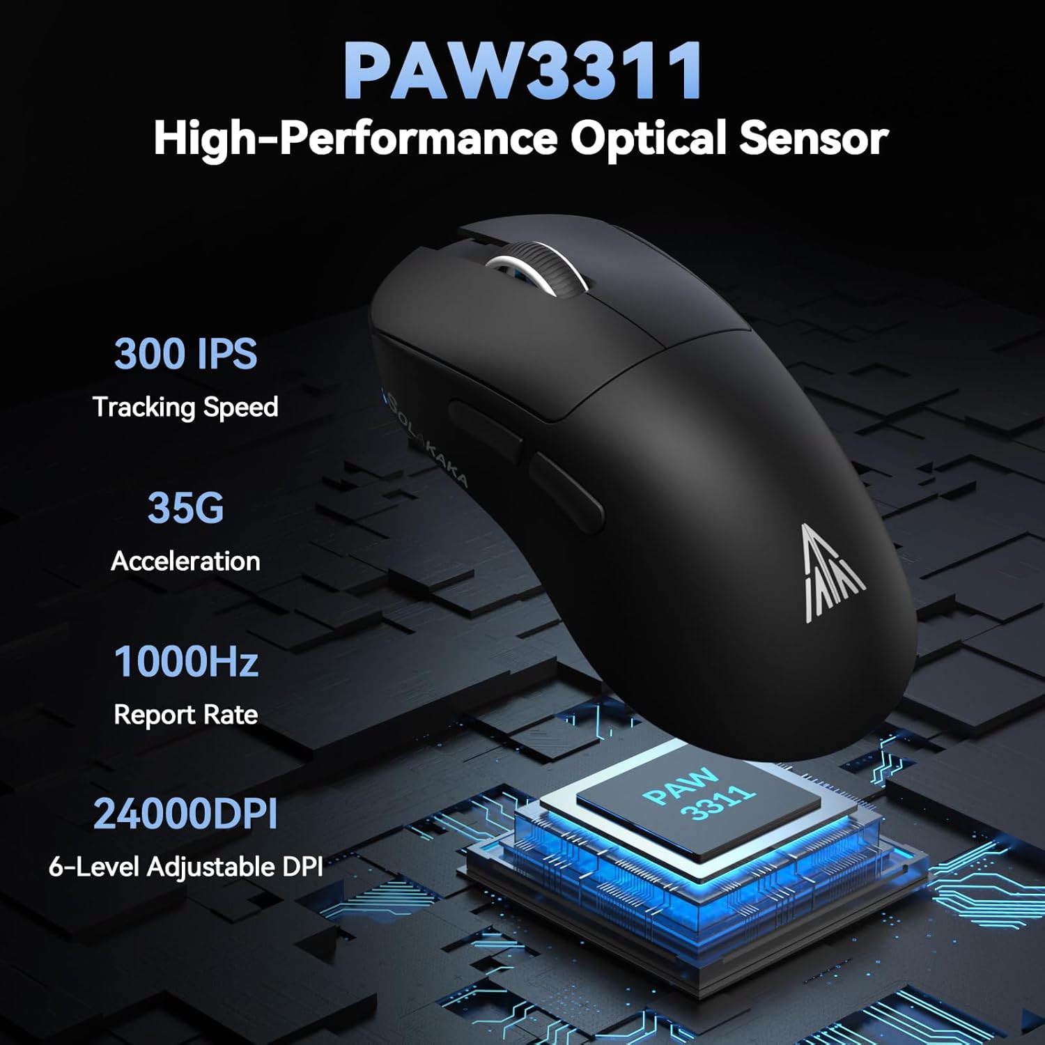 SOLAKAKA SM822 Wireless Gaming Mouse with Charging Dock, Tri-Mode Wireless Mouse, PAW3311 Optical Sensor, Up to 24,000DPI, 62g Lightweight Mouse with 5 programmable Buttons, for PC, Laptop (Black)