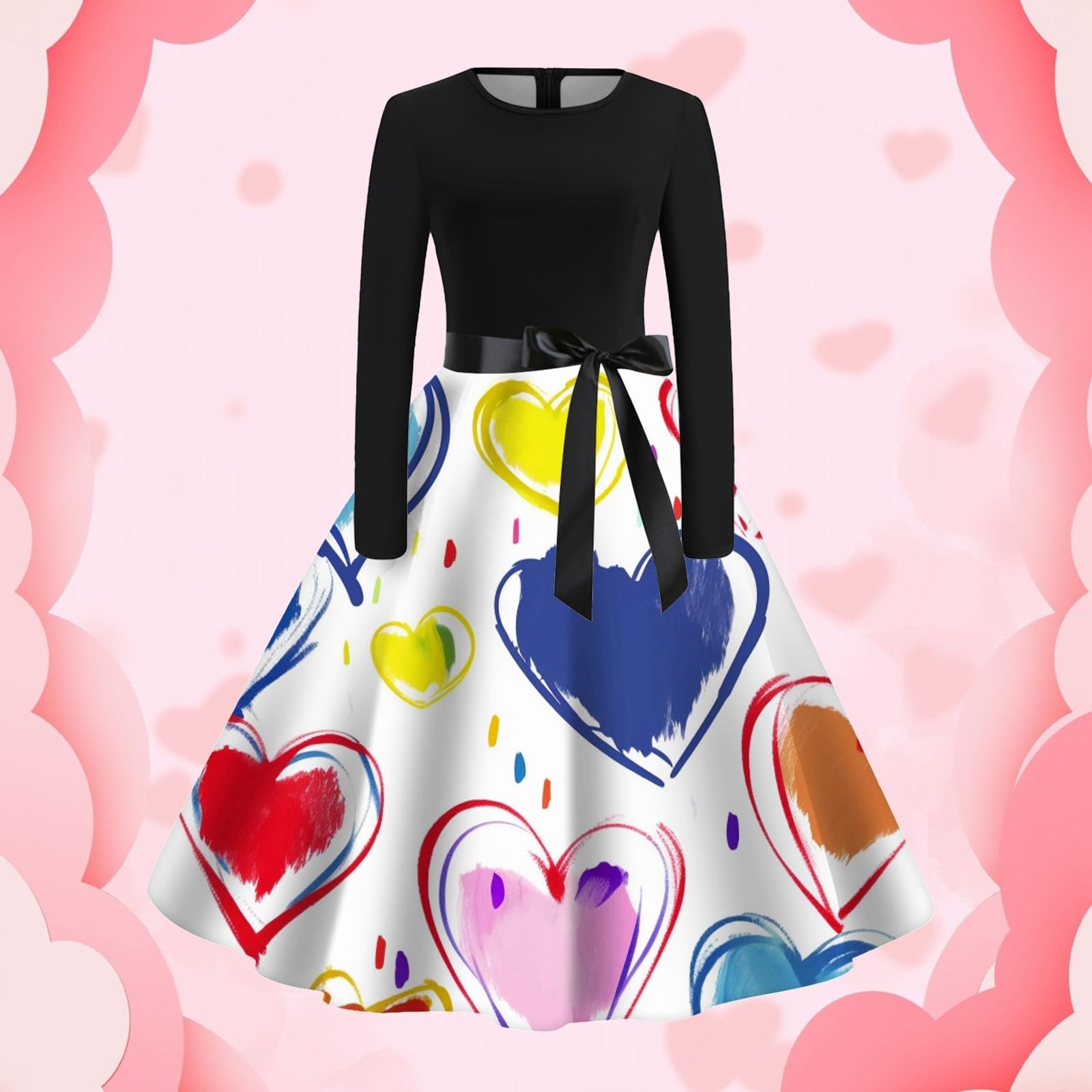 Robe Femme Saint Valentin Imprimé Amour Coeur Robes Amoureux Décontractée au Genou Midi Robe de Cocktail Soirée Bal Année 50s Pin Up Rockabilly Swing Jupe Manches Longue avec Ceinture