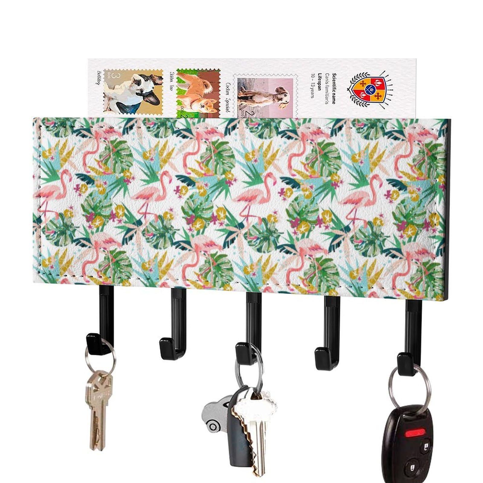NCLQVJXZKHW Tropical Pink Flamingo Key Holder with 5 Hooks Key Hooks Wall Mounted Key Racks Key Hanger Organiser Shelf