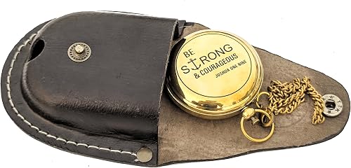 Brass Engraved Pocket Compass with Leather Case | Be Strong and Courageous Gift Compass, Push Button 5 cm Confirmation Ideas, Baptism Gifts