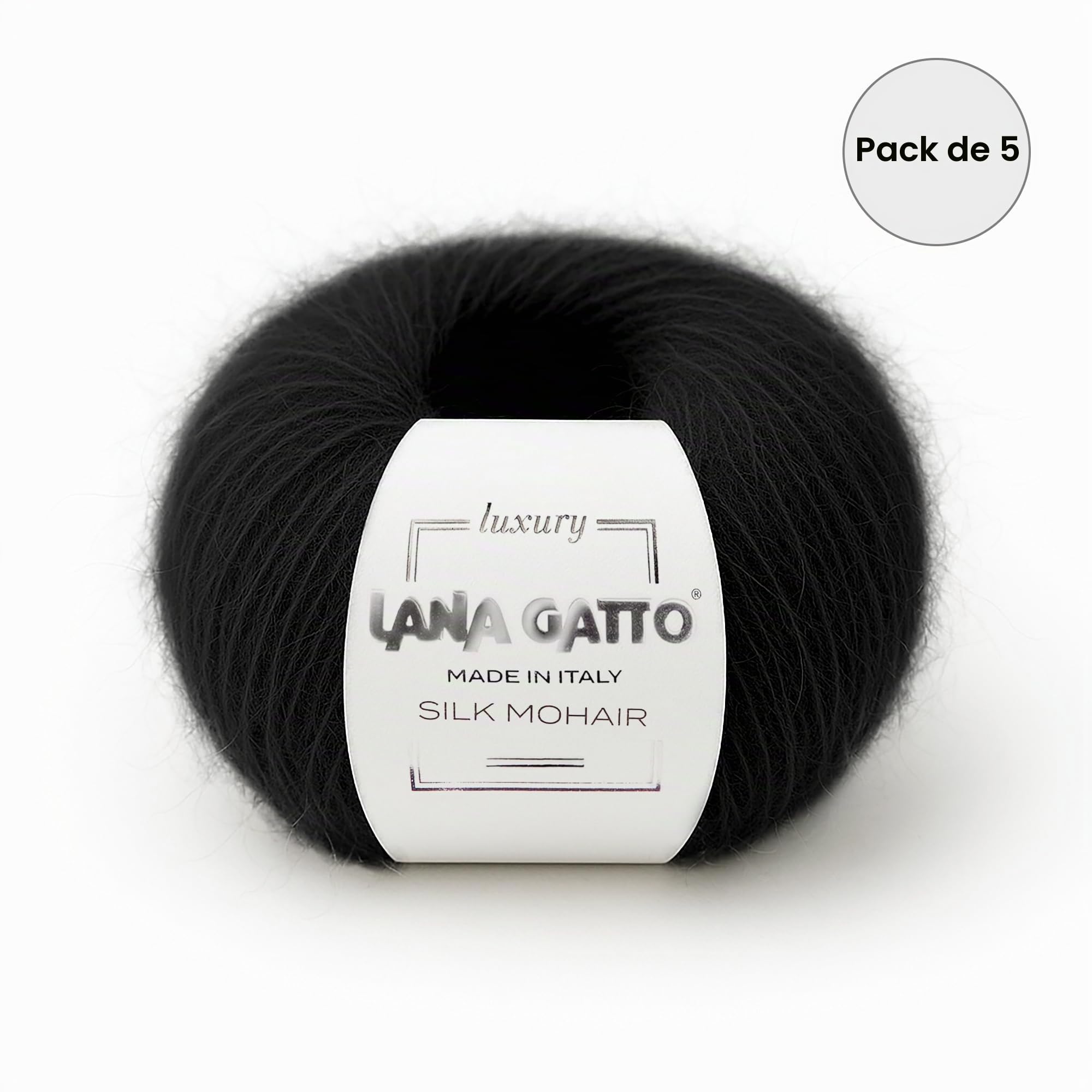 5 Ovillos 125 gr. Hilo de Mohaire Seda para tricotar Lana Gatto Luxury Silk Mohair Line, mezcla premium y suave para tejer y ganchillo, Made in Italy (Negro - 6037, 5)