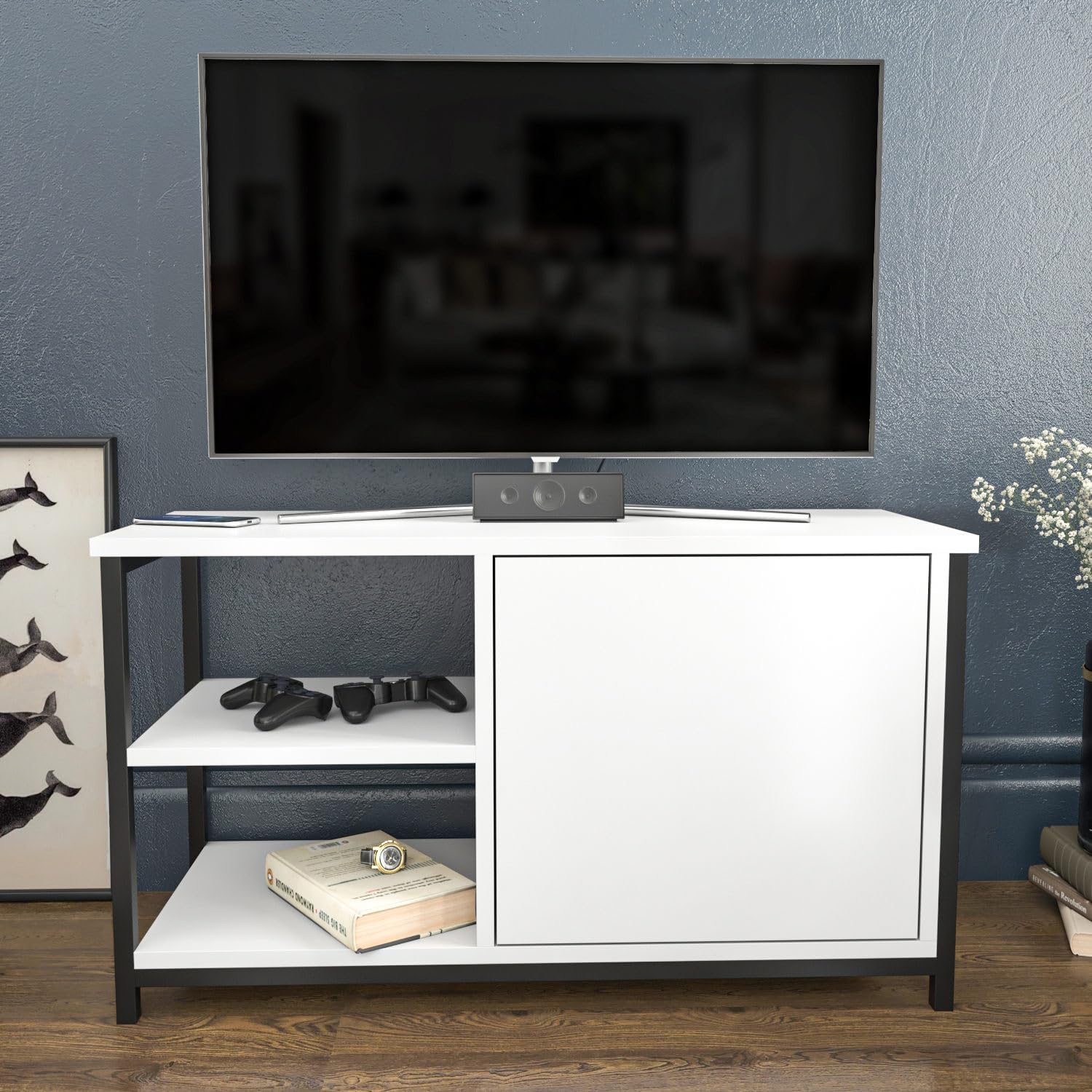 Hanah Home Stylish TV Stand, Black & White, 89.6 x 35.3 x 50.8 cm, 100% Melamine Coated Particle Board & Metal Frame, 18 mm Thick, Modern Design for Living Room
