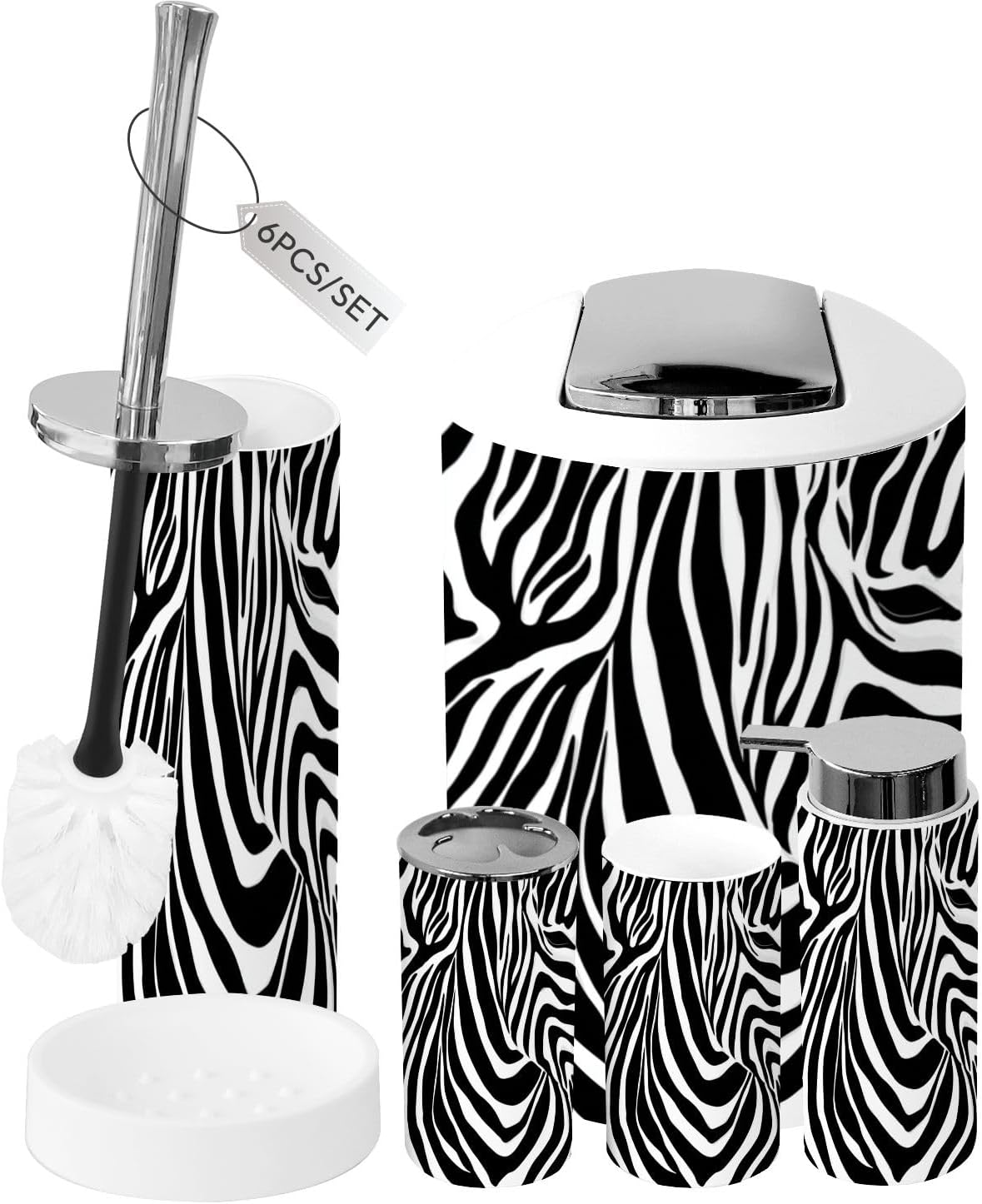 Bathroom Accessory Set 6 Piece Zebra White Stripes Zoo Fabric Animal Skin Trash can, Toothbrush Holder, Toothbrush Cup, Soap Dispenser, Soap Dish, Toilet Brush Holder