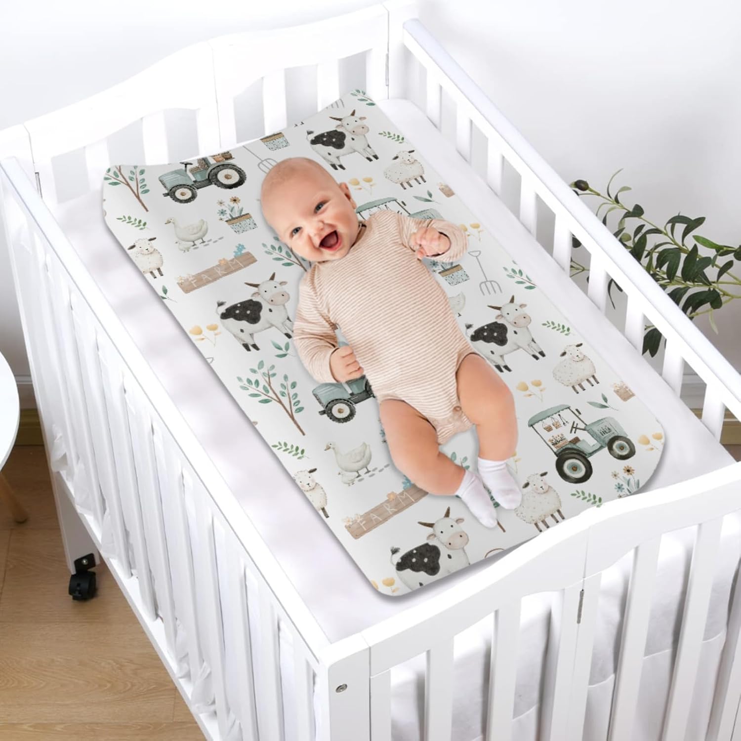 Boho Farm Animals Life Baby Changing Pad Covers for Boy Girl 32''x16'' Cow Pig Lamb Duck Truck Leaves Fitted Diaper Change Table Mats Spring Farm Planting Soft Breathable Nursery Changing Table Sheets