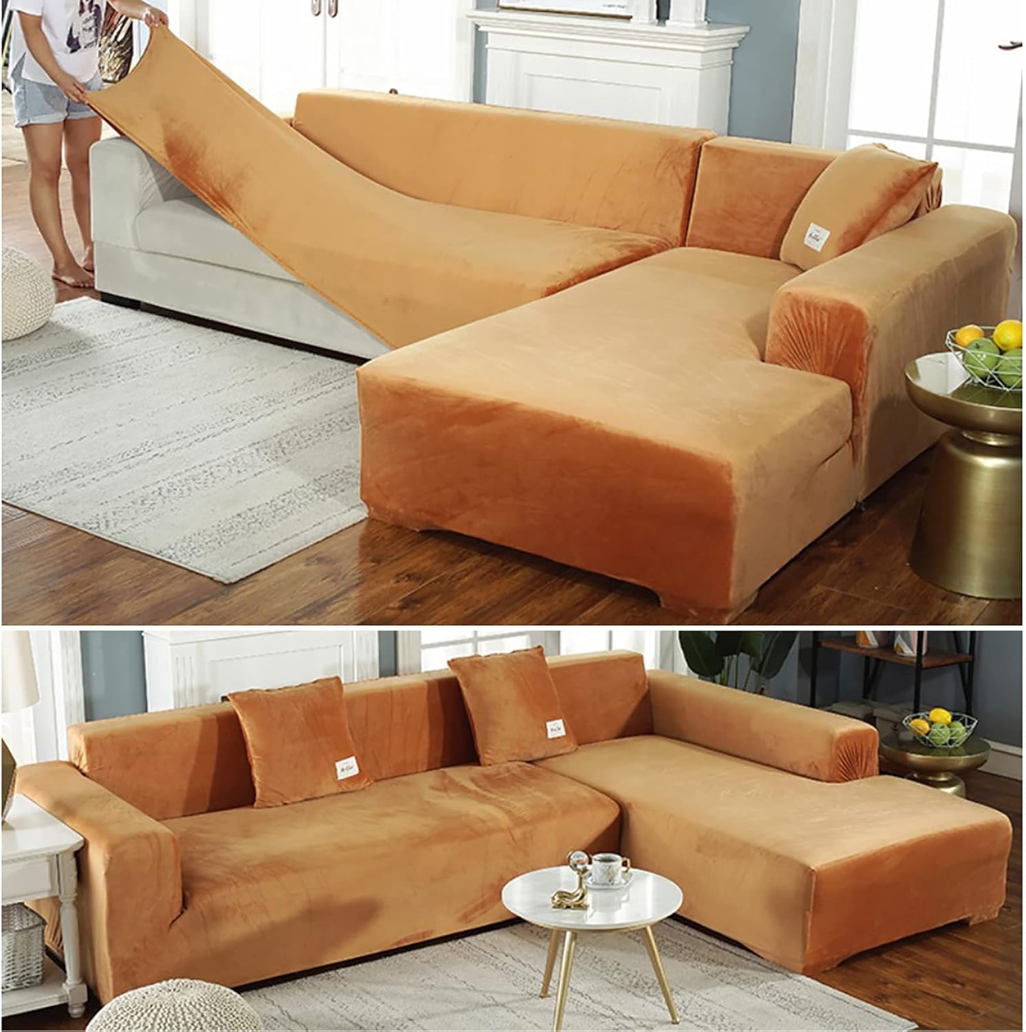 ETULLE Plush L Shape Sofa Cover,High Elasticity Velvet Sofa Cover for Dogs and Cats L Shape Sectional Sofa Cover for Kids Sofa Slipcover Furniture Protector-Golden Yellow L Shape 4+4 Seater