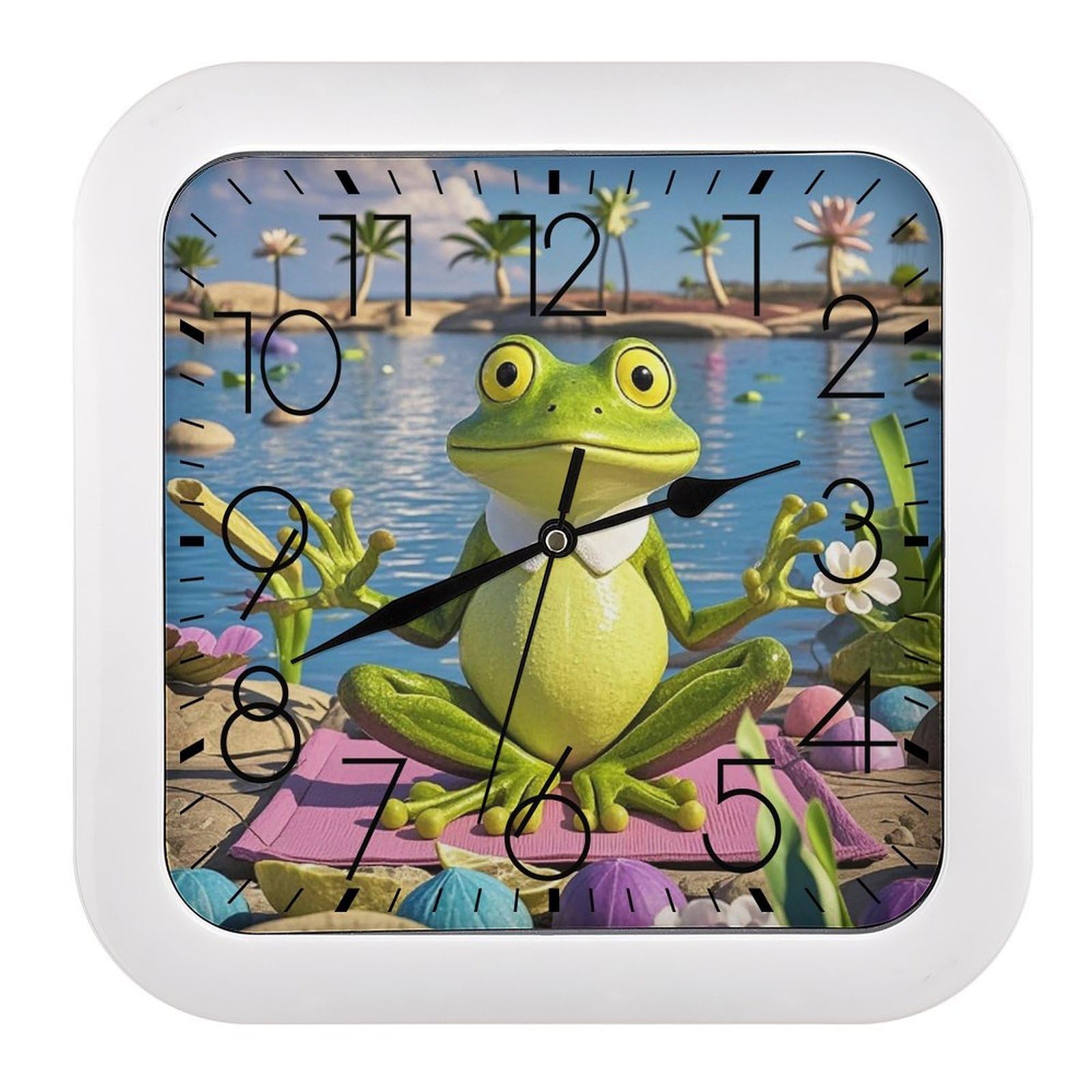 FekiLoot Funny Yoga Frog Wall Clock Battery Operated Square Decorative Wall Clocks Silent Non Ticking Analog Clock Modern Retro Vintage Wall Clocks for Kitchen Living Room Office 10.2 Inch