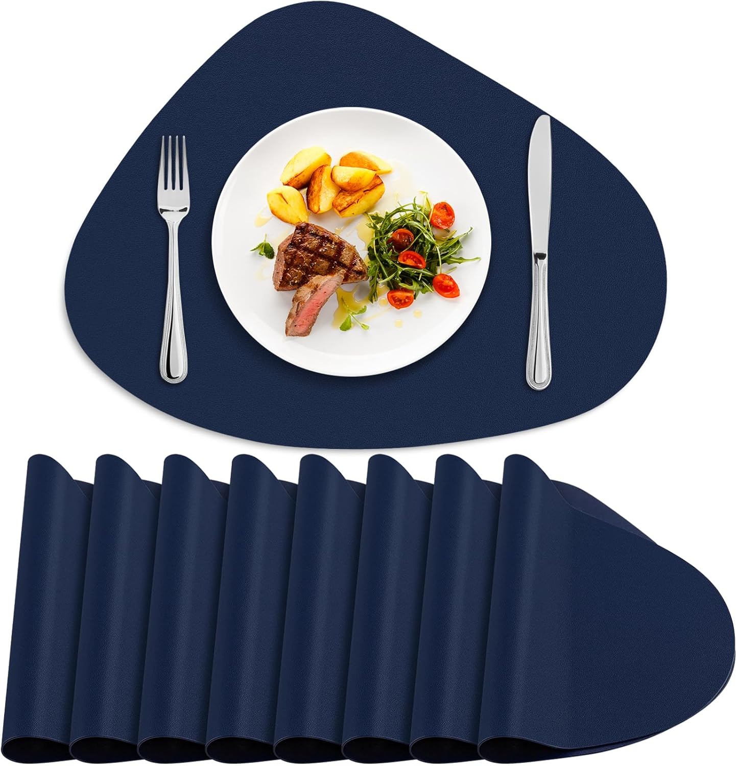 Placemats Set of 8, Heat Resistant Leather Placemats Double Layer, Soft Waterproof Round Table Mats Easy to Clean for Kitchen Dining Room Coffee Office Table, Blue