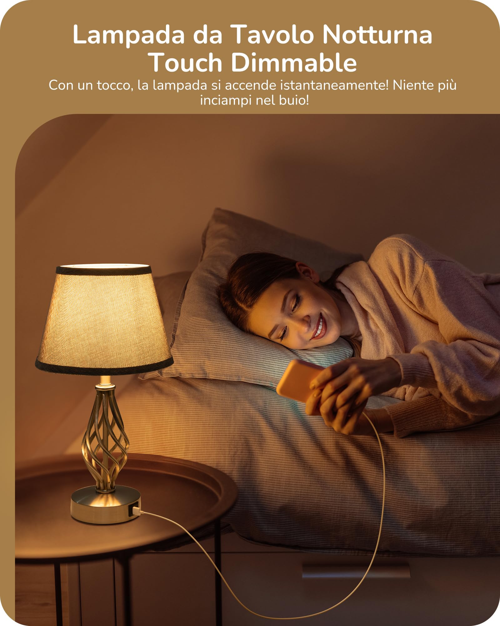 EDISHINE 2 Lampade da Comodino, Funzione di Ricarica, LED Touch Dimmerabile | 2 Porte USB, Lampada Decorativa per Camera da Letto, Soggiorno e Davanzale, Paralume in Lino, Grigio