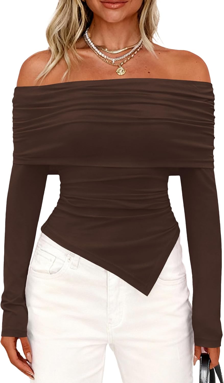 PRETTYGARDEN Women's Off The Shoulder Tops Spring Fashion 2026 Long Sleeve Shirts Going Out Slim Fitted Blouses Fall Clothes