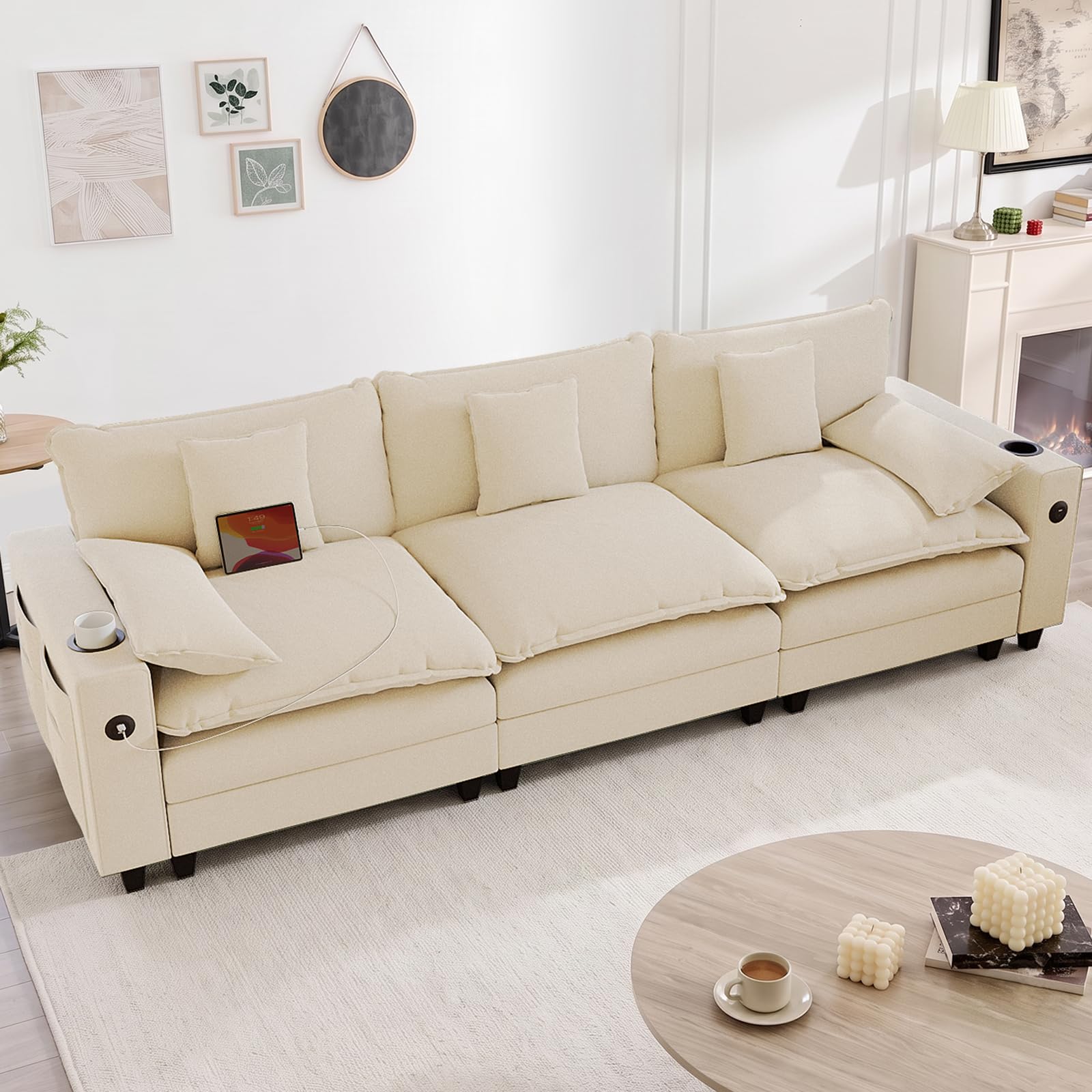 KCGKCG 116" 3-Seater Cloud Sofa, Modular Sectional Couch, Chenille Deep Seat Cloud Couch with Charging Station, Cup Holder, Side Pocket, Double Layer Seat Cushion Couches for Living Room, Beige