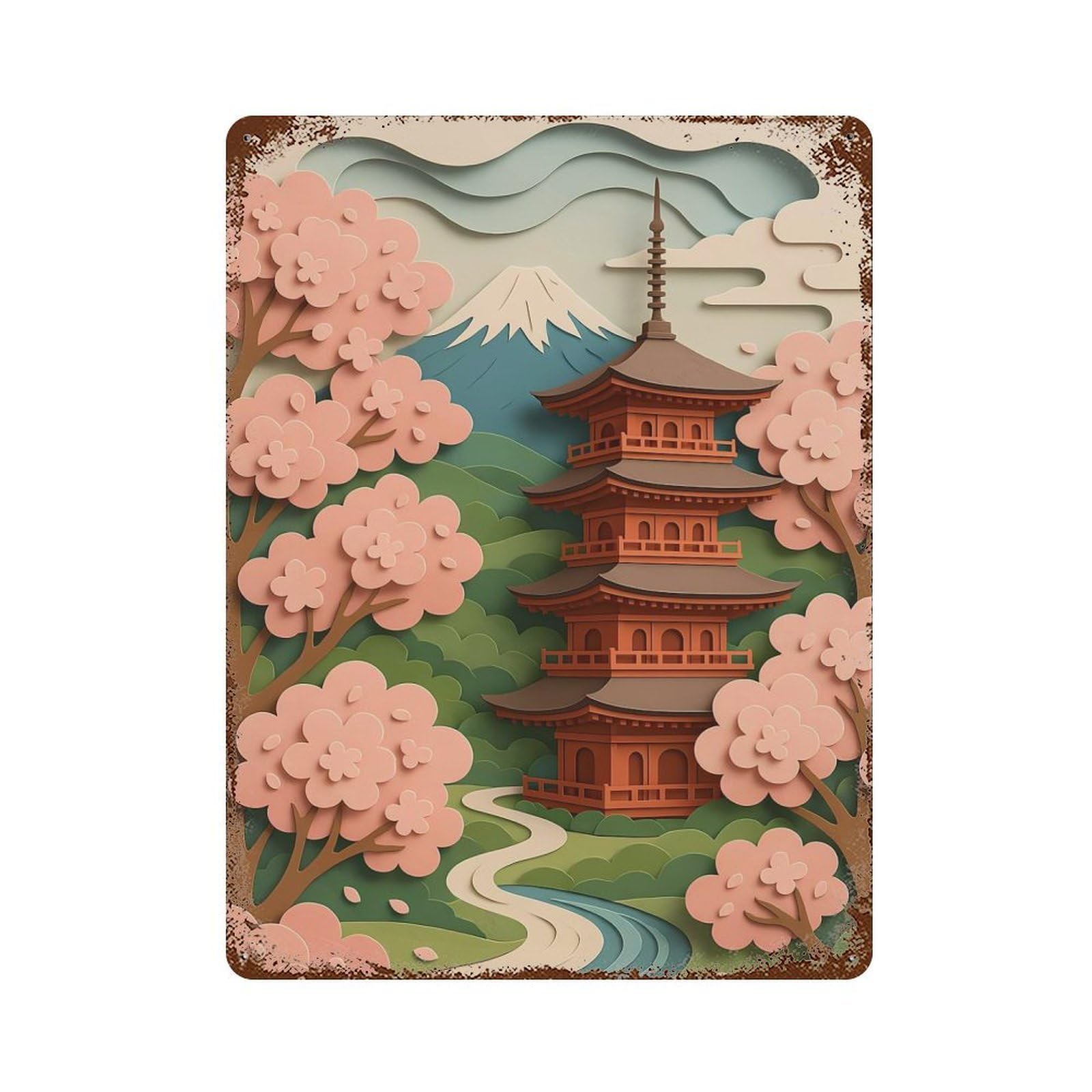 Japanese Pagoda with Cherry Blossoms Rust Effect Tin Sign 15.7"x11.8", Ideal for Shed, Workshop And Garage Wall Decor