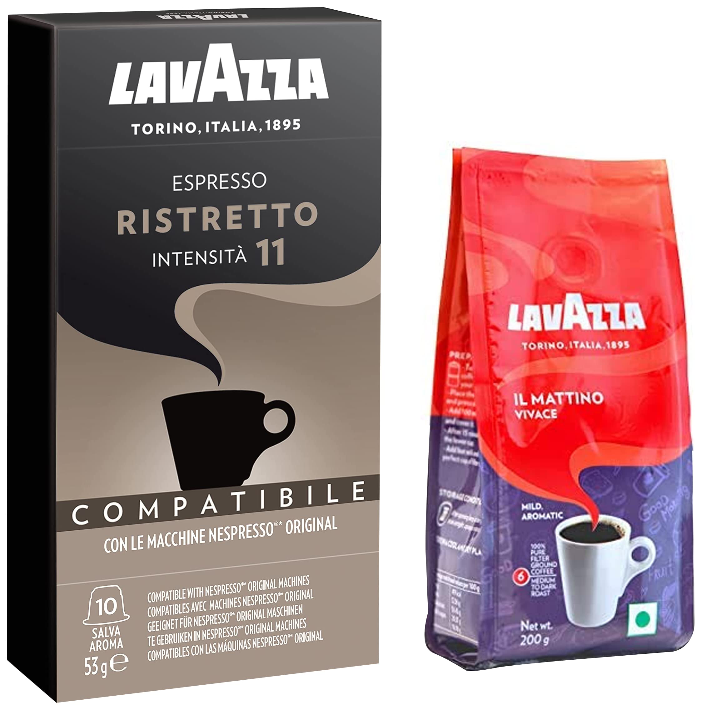 Lavazza IL Mattino Vivace - Pack of 2 Pouch, 2 x 200 g & Espresso Ristretto, 50 g with 10 Nos Nespresso Compatible Coffee Capsules