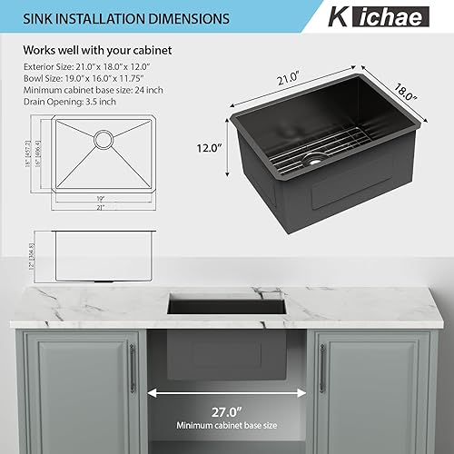 Miniatura 67 de Kichae Fregadero de lavandería de 21 x 18 pulgadas, fregadero de acero inoxidable de 12 pulgadas de profundidad para debajo de la encimera, lavabo