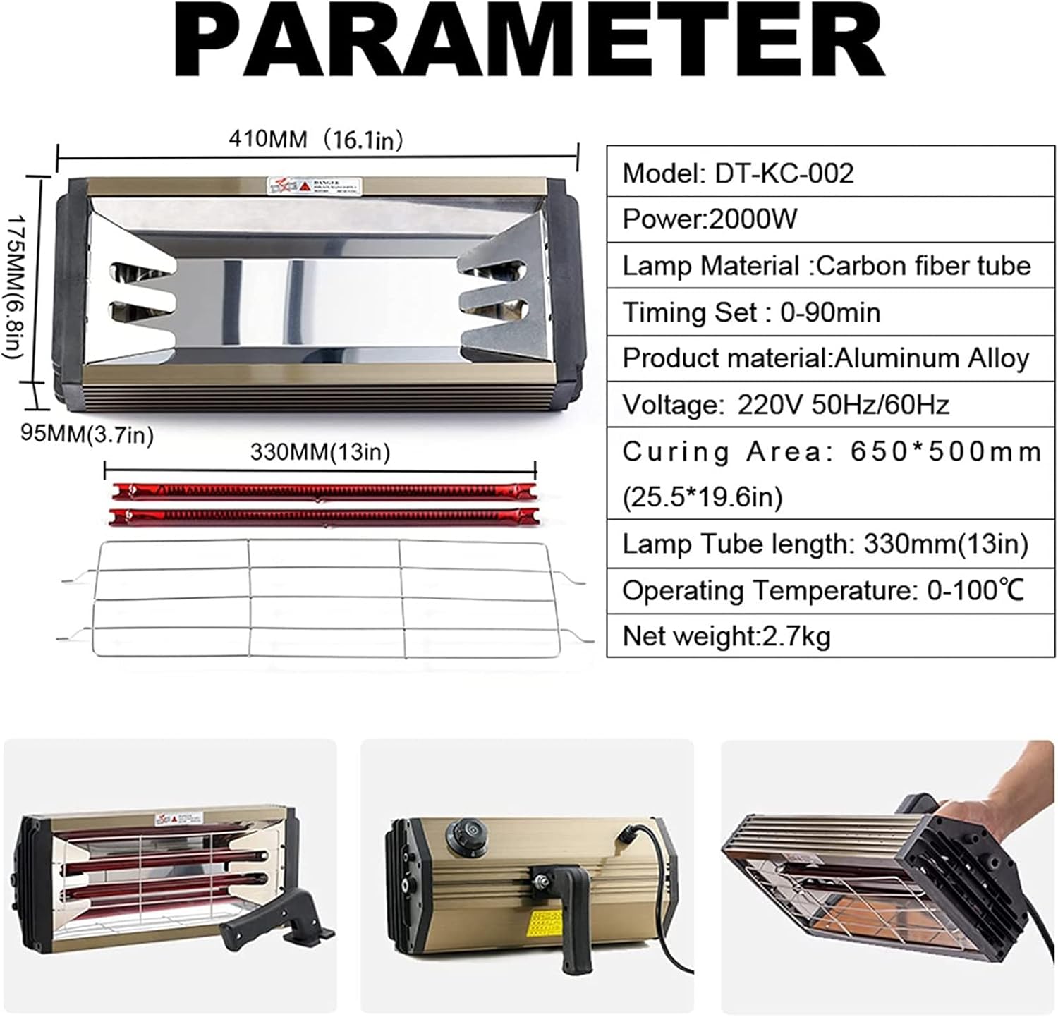 Infrared Curing Lamp for Car Bodywork Repair - Paint Dryer and Short Wave Heater - Handheld Halogen Light, 110V - Ideal for Baking and Curing Paint Applications