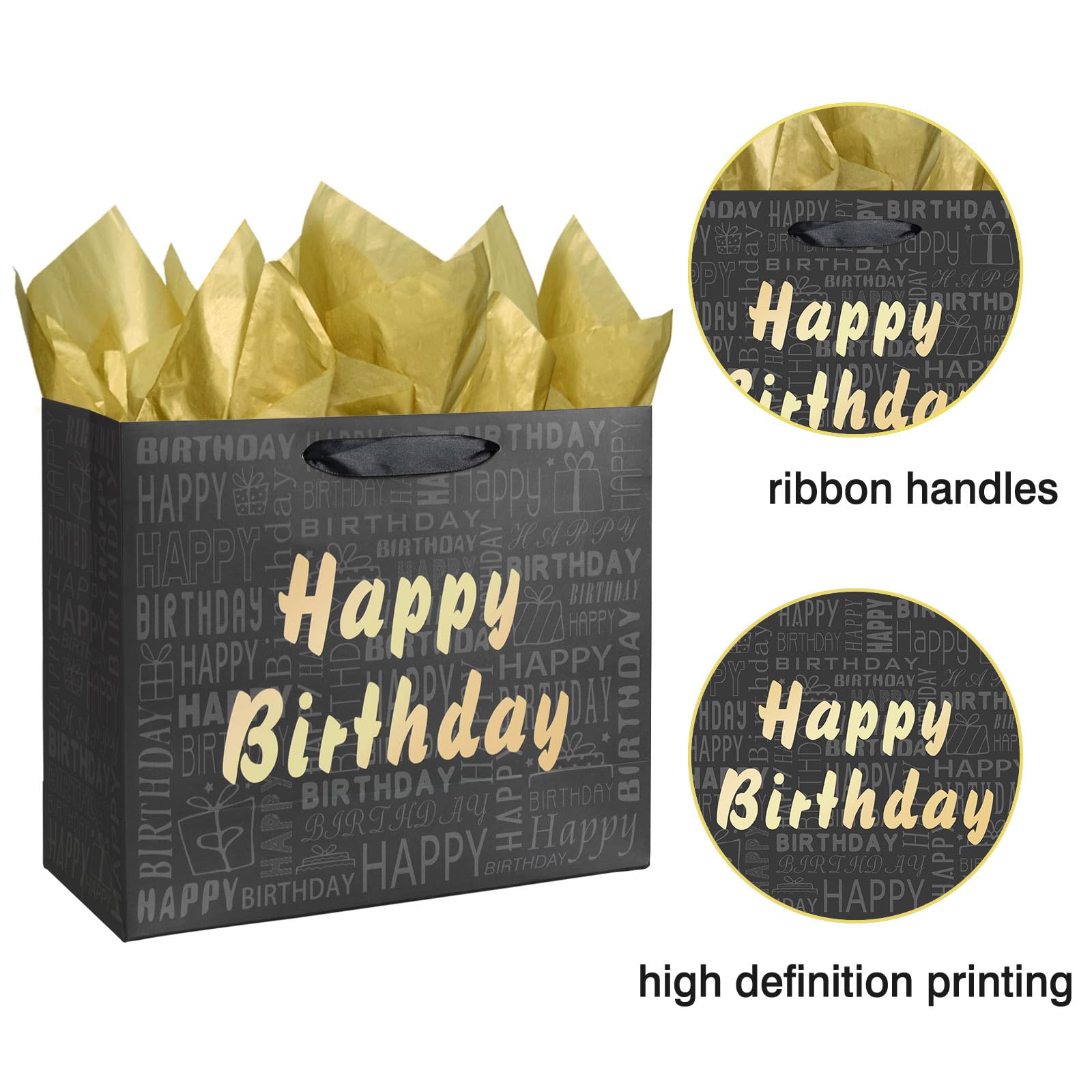 Happy Birthday Geschenktüte – 33 Cm Groß, Schwarz & Gold, Mit Seidenpapier & Karte – Für Frauen & Männer