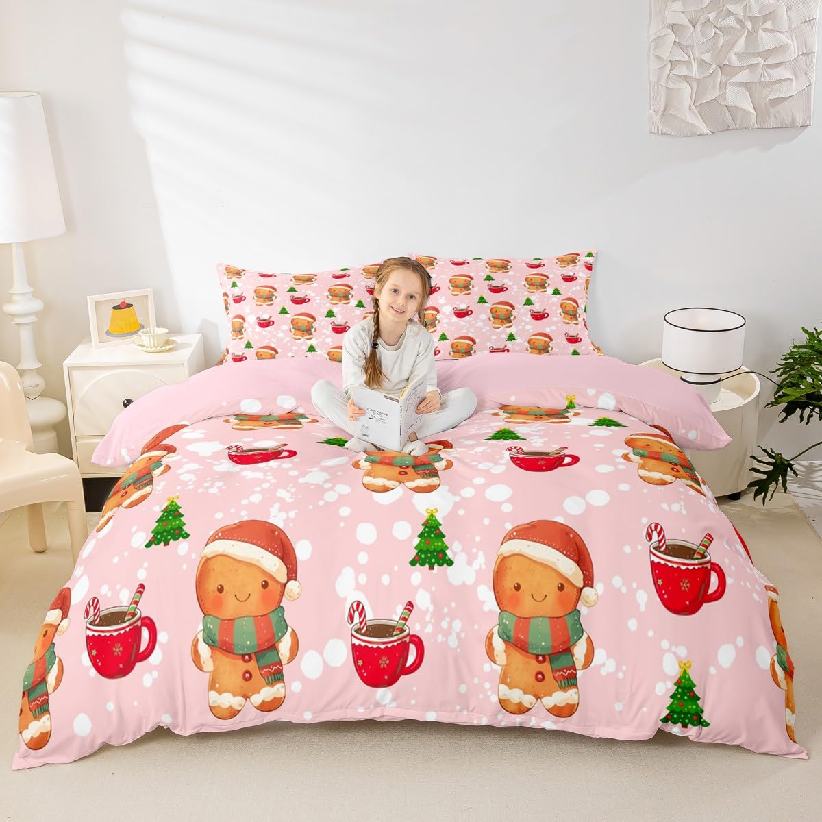 Homewish Różowa świąteczna poszewka na kołdrę podwójny rozmiar uroczy piernikowy człowiek poszewka na kołdrę zima choinka zestaw pościeli Merry Christmas zestaw pościeli
