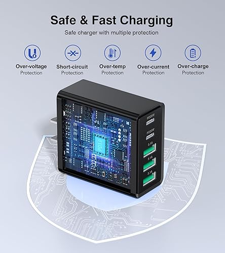 Miniatura 5 de [Paquete de 2] Cargador de pared USB C, bloque de cargador USB C de 50 W, bloques de carga rápida PD de 5 puertos, 2USB C + 3USB A enchufe negro