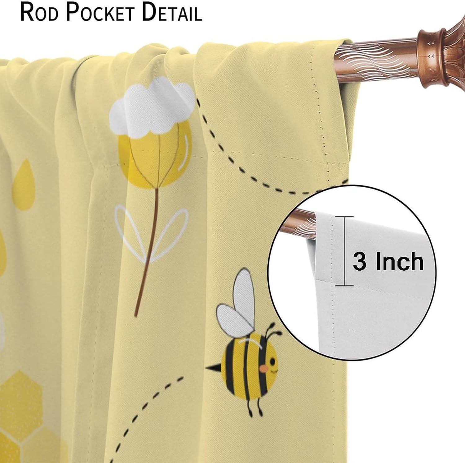 Bee Curtain Cute Bees Yellow Flower Honey Blackout Print Rod Pocket Window Drapes for Bedroom Living Room 42x63in