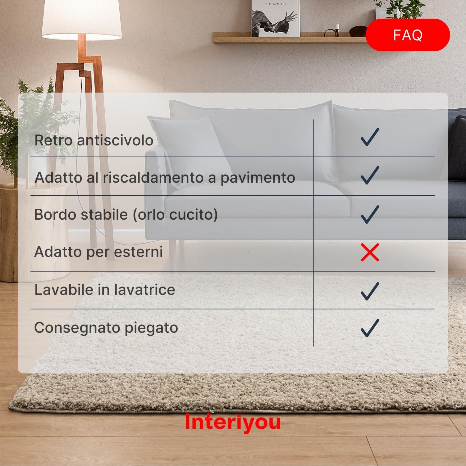 Interiyou Tappeto salotto a pelo alto Sofia - 200x250 cm Beige - Soffice e monocromatico - Lavabile e antiscivolo - Lungo morbido