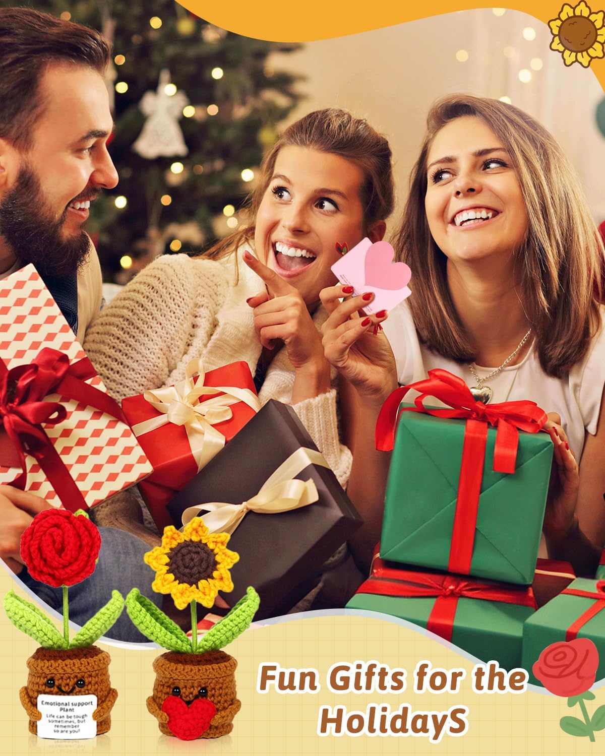 2pcs Knitted Flowers Sunflower Gifts for Women Handmade Knitted Planters with Card Gifts Birthday Gifts for Women Mom Family Friend Teacher Coworker Xmas Party (2pcs) - Image 9