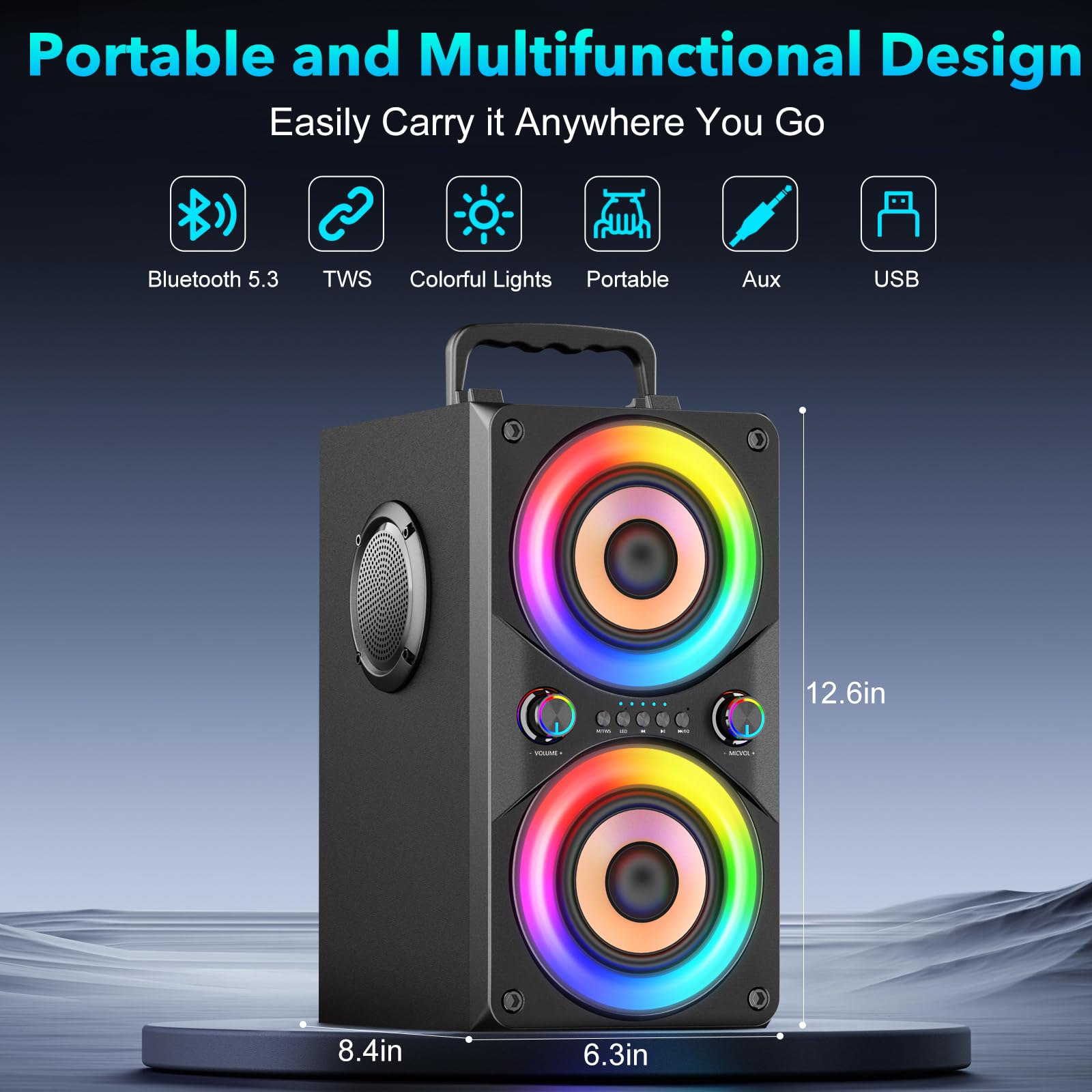 100W Tragbarer Bluetooth-Lautsprecher mit Subwoofer & LED-Licht - Leistungsstarke Boombox mit kraftvollem Bass, Holzgehäuse und TWS für Outdoor-Party