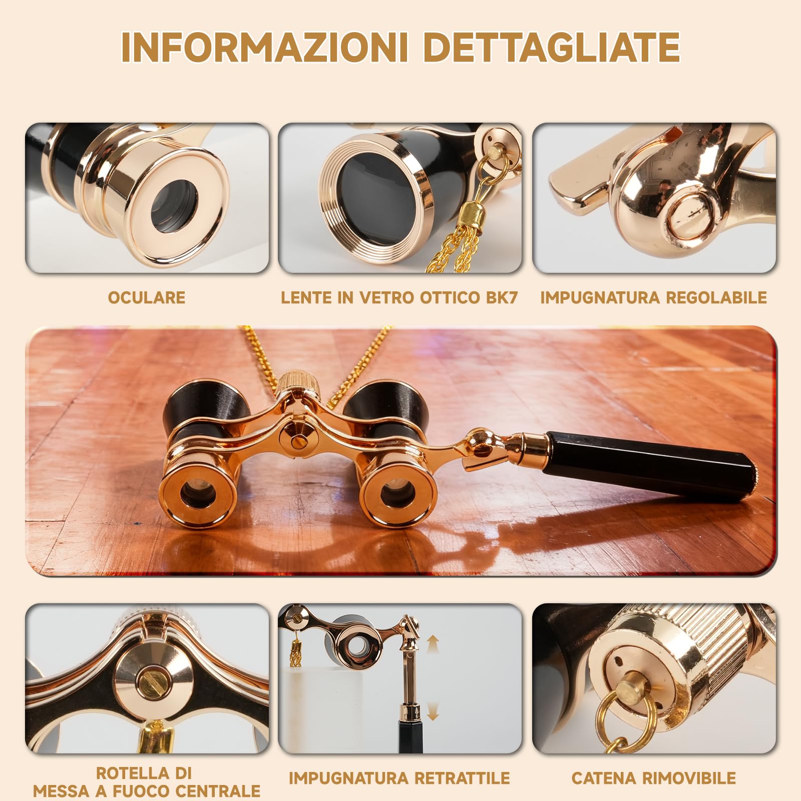 Binocolo da Teatro 3x25, Nero - Lenti BK7 Ottiche, Manico Regolabile e Catena - Design Vintage Compatto per Opera, Concerti e Sport - Regalo per Adulti e Bambini