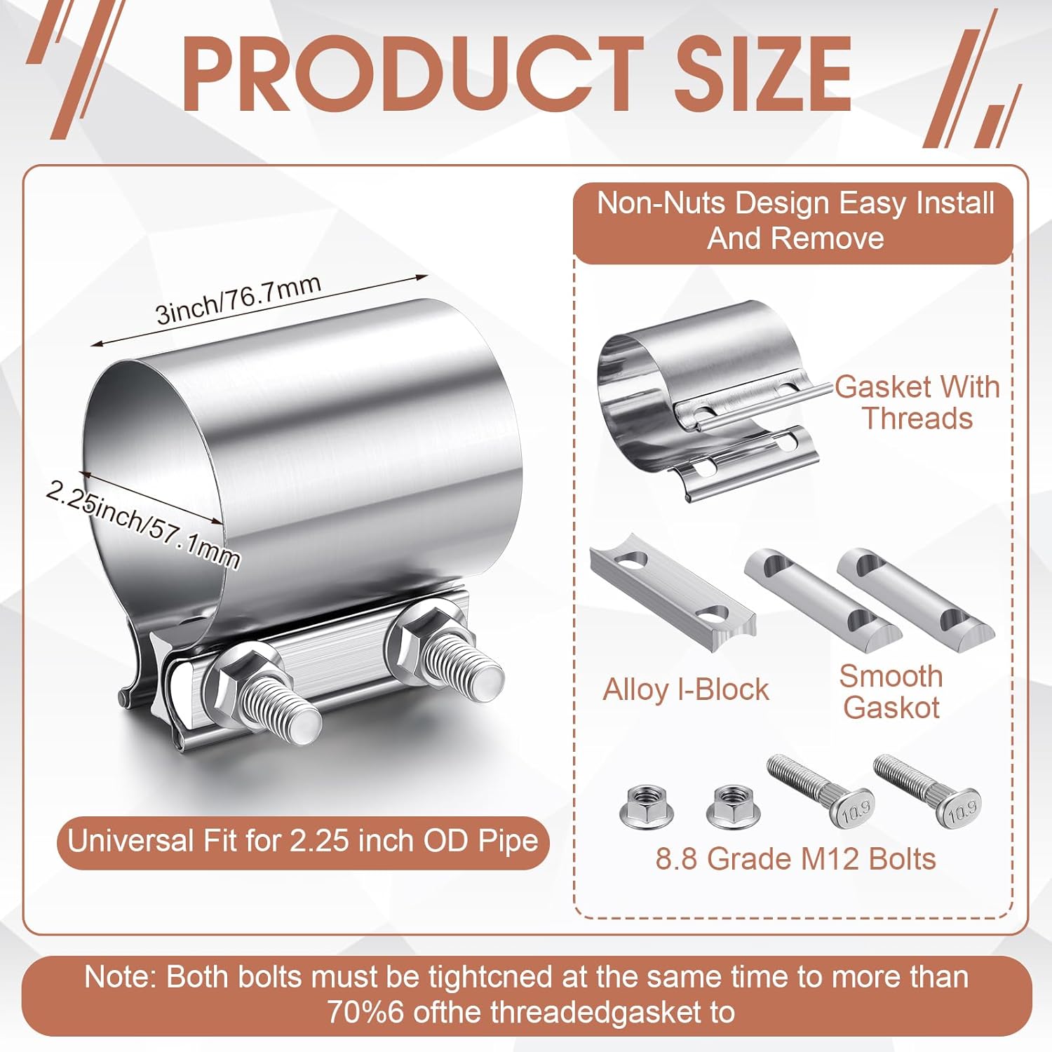 MorningRo 4 Pcs 2.25 Inch Exhaust Clamp Stainless Steel Exhaust Pipe Muffler Clamp Butt Joint Band Sleeve Coupler for Pipes Muffler Connections, Catalytic Converters